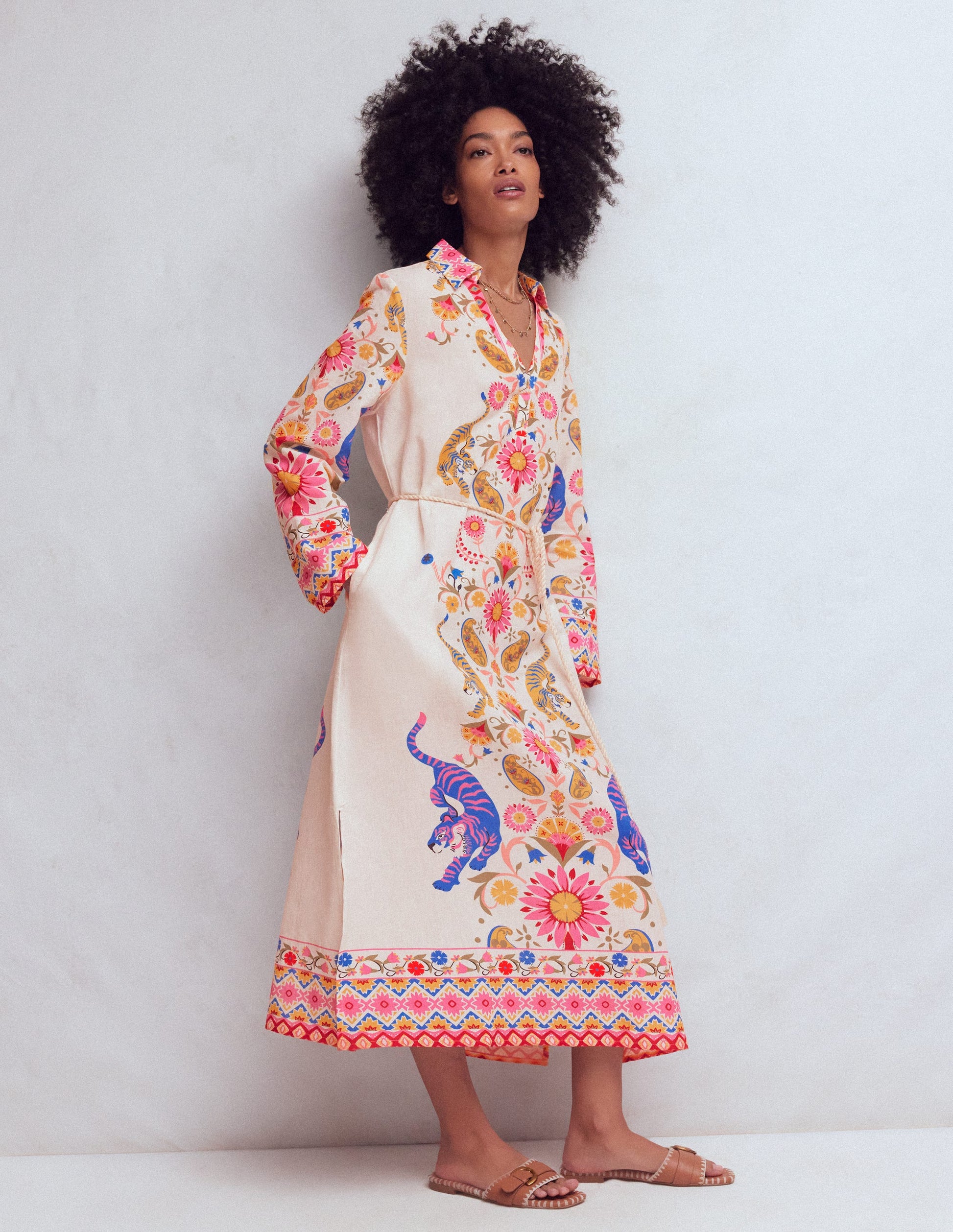 Tunika aus Leinenmischgewebe mit gekerbtem Kragen-Bunt Tiger-Gobelin-2