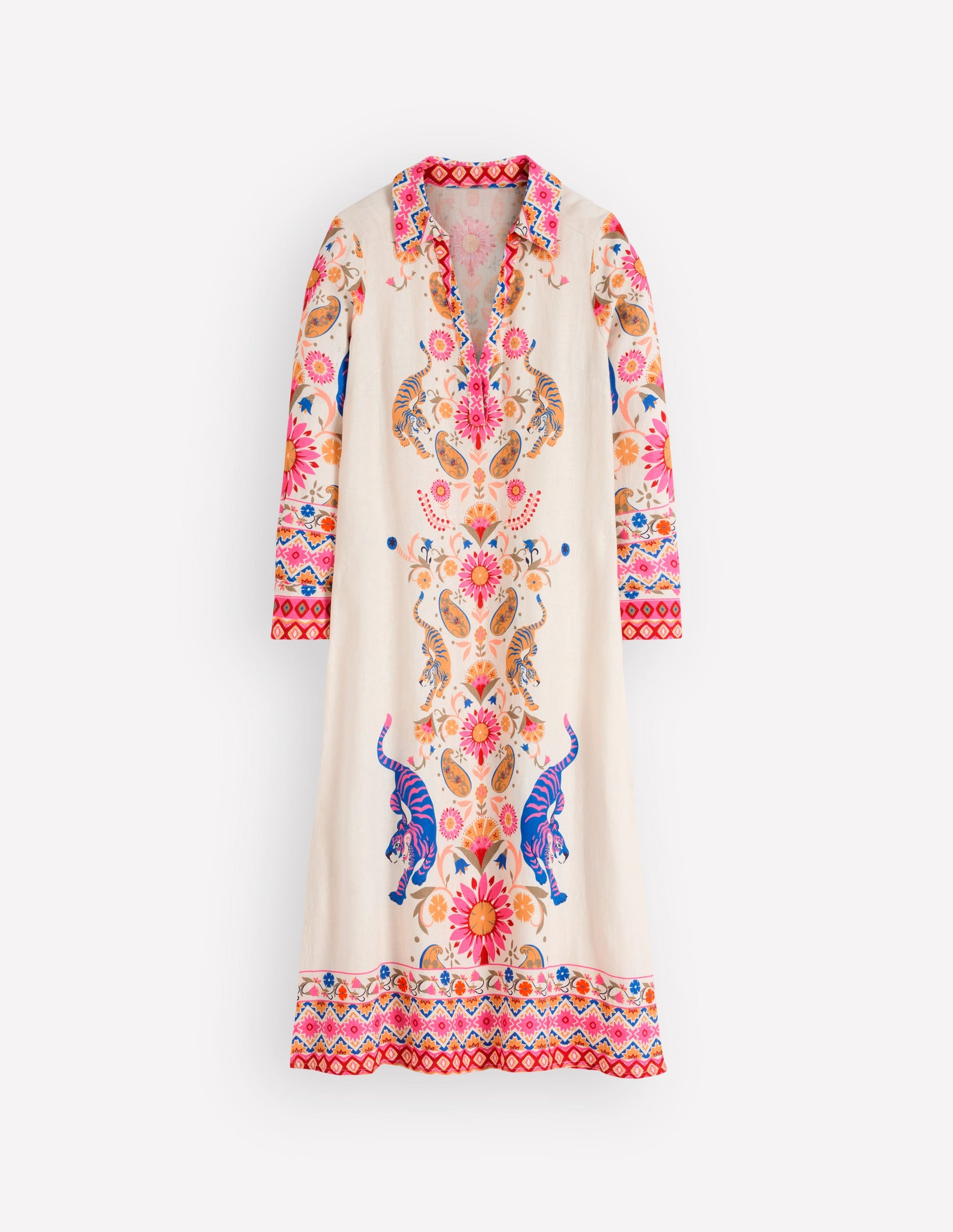 Tunika aus Leinenmischgewebe mit gekerbtem Kragen-Bunt Tiger-Gobelin-7