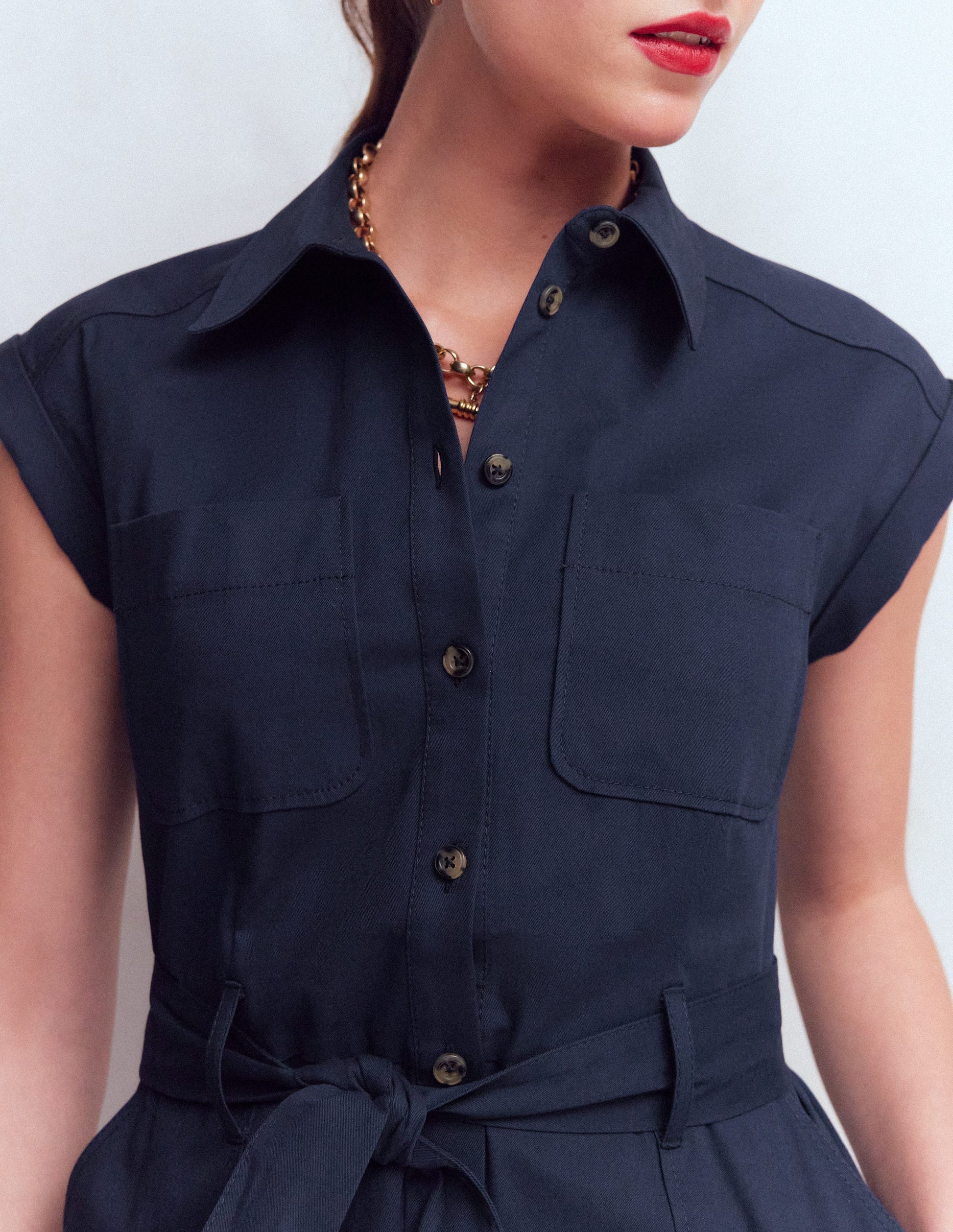 Kurzes Hemdblusenkleid mit Gürtel-Marineblau-2