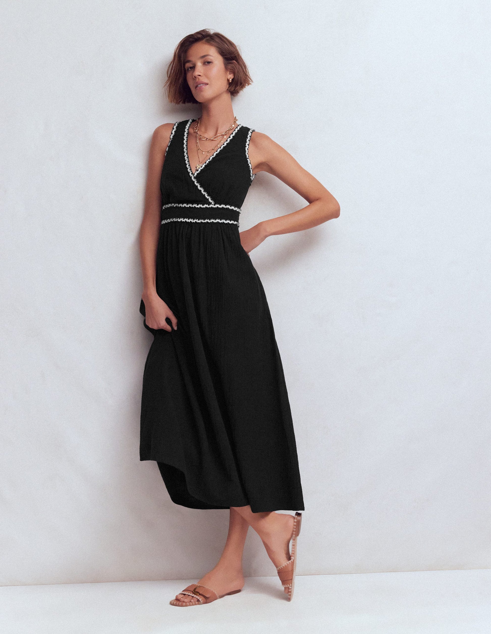 Lorna Doppeltuch-Kleid mit Besatz-Schwarz Naturweiß-1