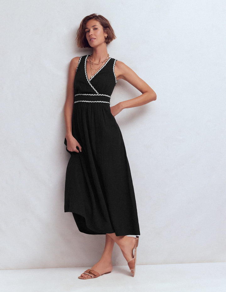 Lorna Doppeltuch-Kleid mit Besatz-Schwarz Naturweiß