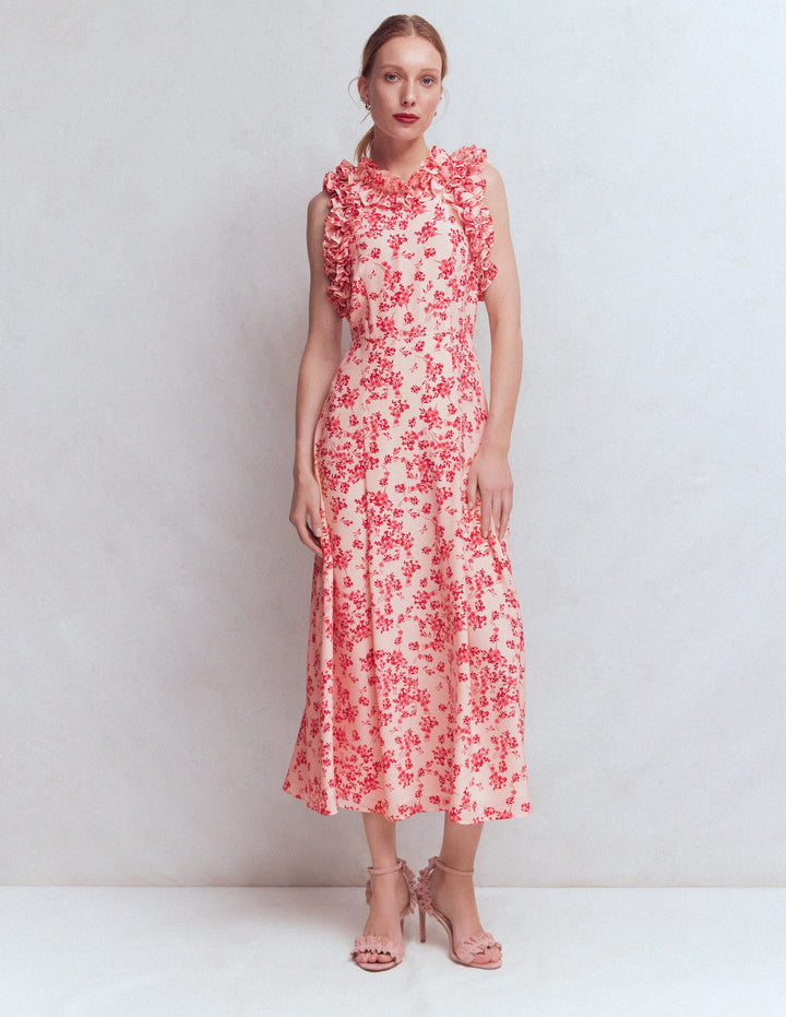 Midi-Seidenkleid mit Rüschen-Rosa Blütenpracht Monochrom