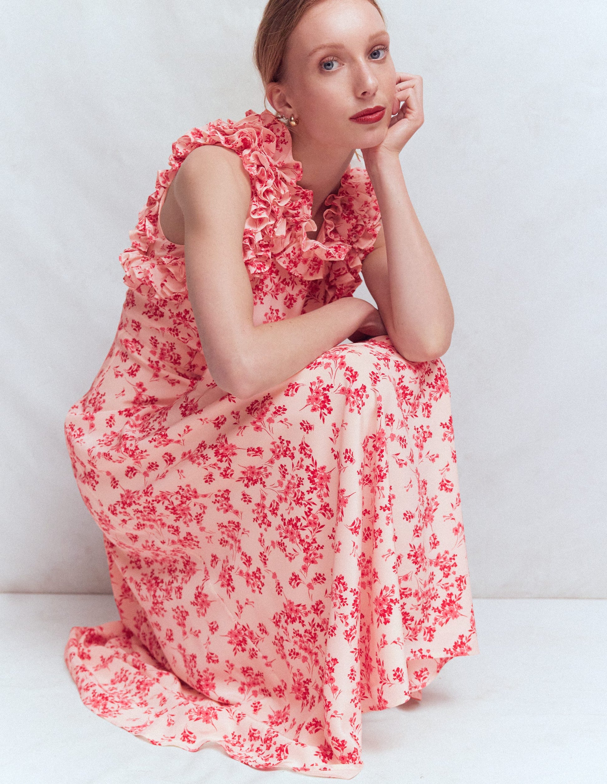 Midi-Seidenkleid mit Rüschen-Rosa Blütenpracht Monochrom-6