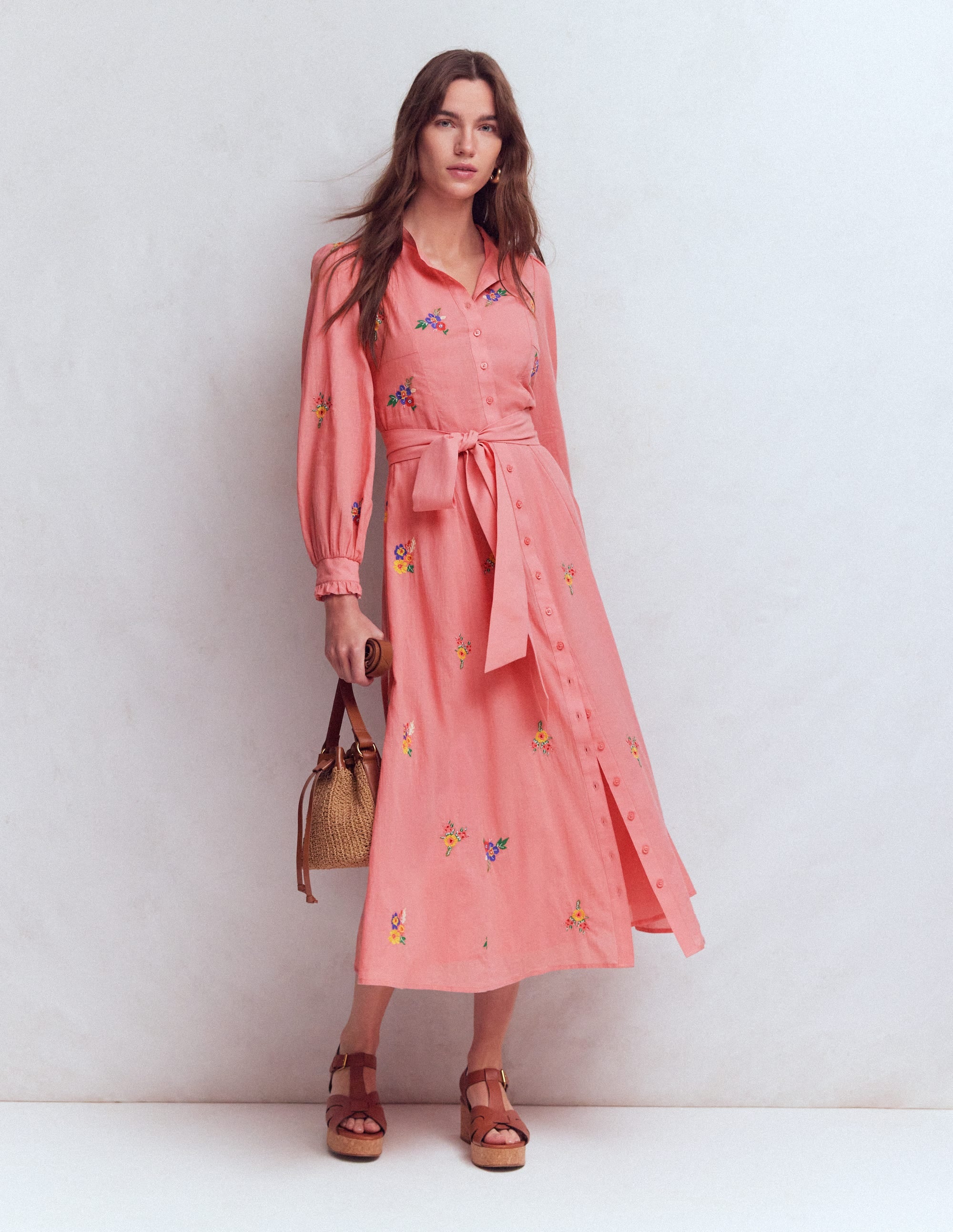 Embroidered Shirt Dress-Pink Embroidery - Image 1