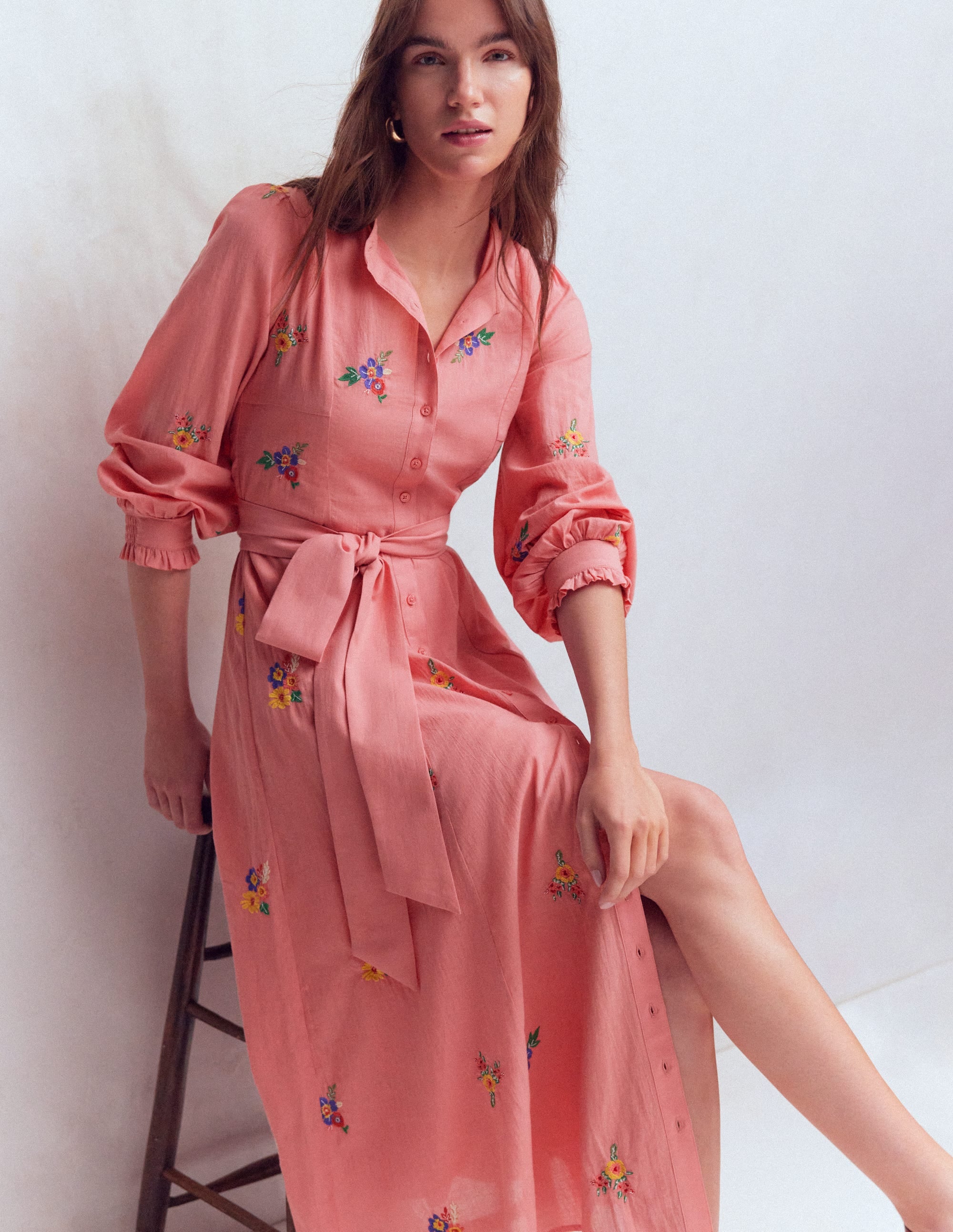 Embroidered Shirt Dress-Pink Embroidery - Image 4