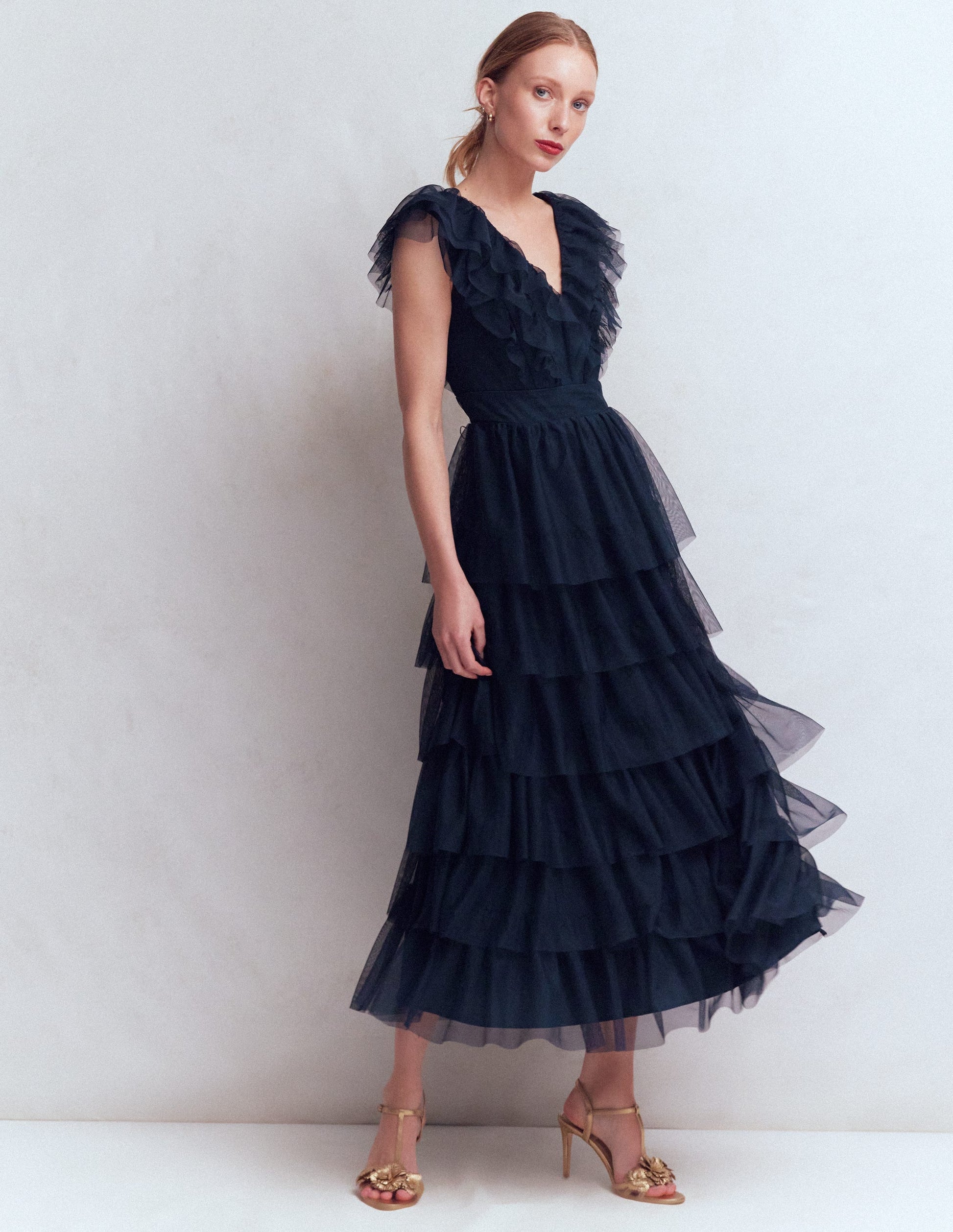 Gestuftes Tüllkleid mit Rüschen-Marineblau-1