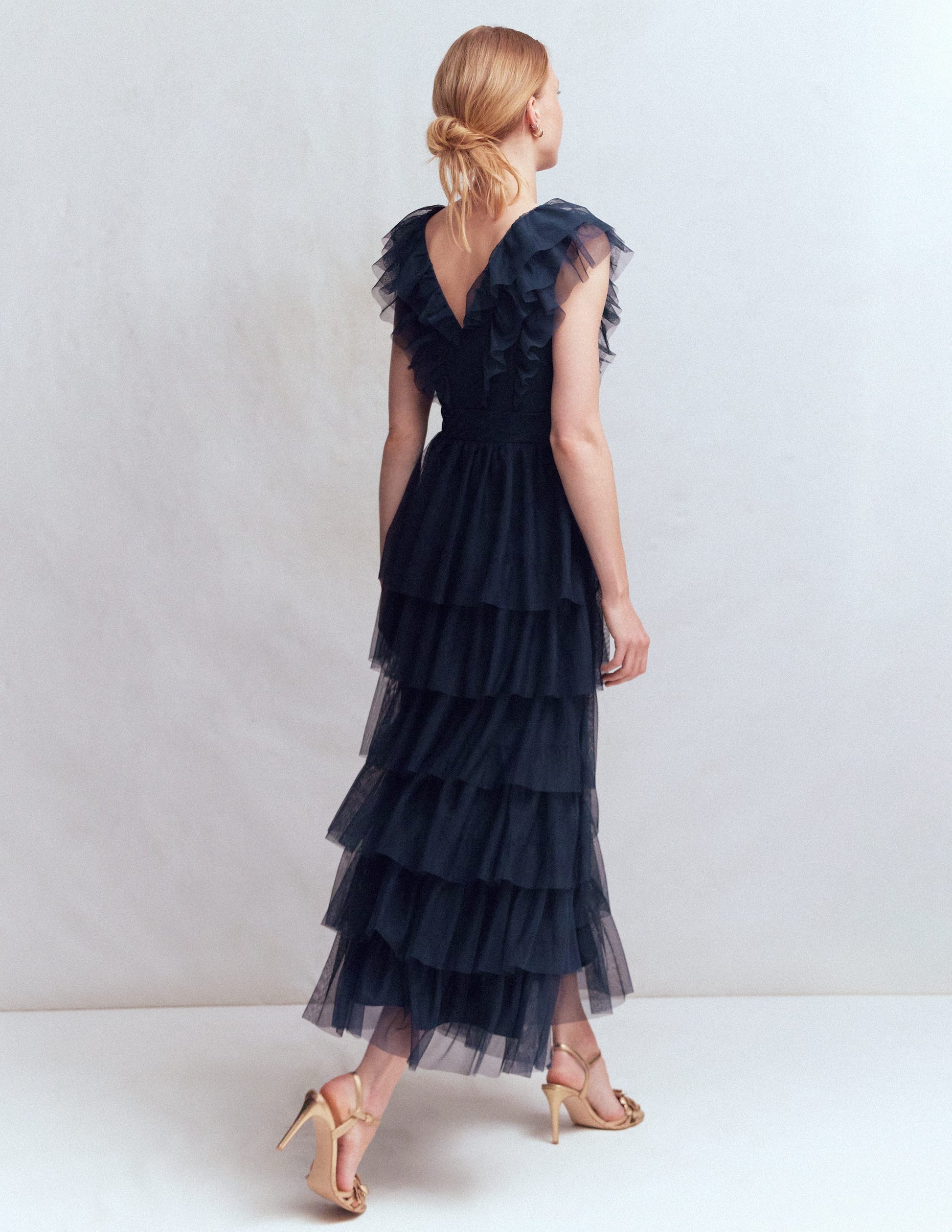 Gestuftes Tüllkleid mit Rüschen-Marineblau-3
