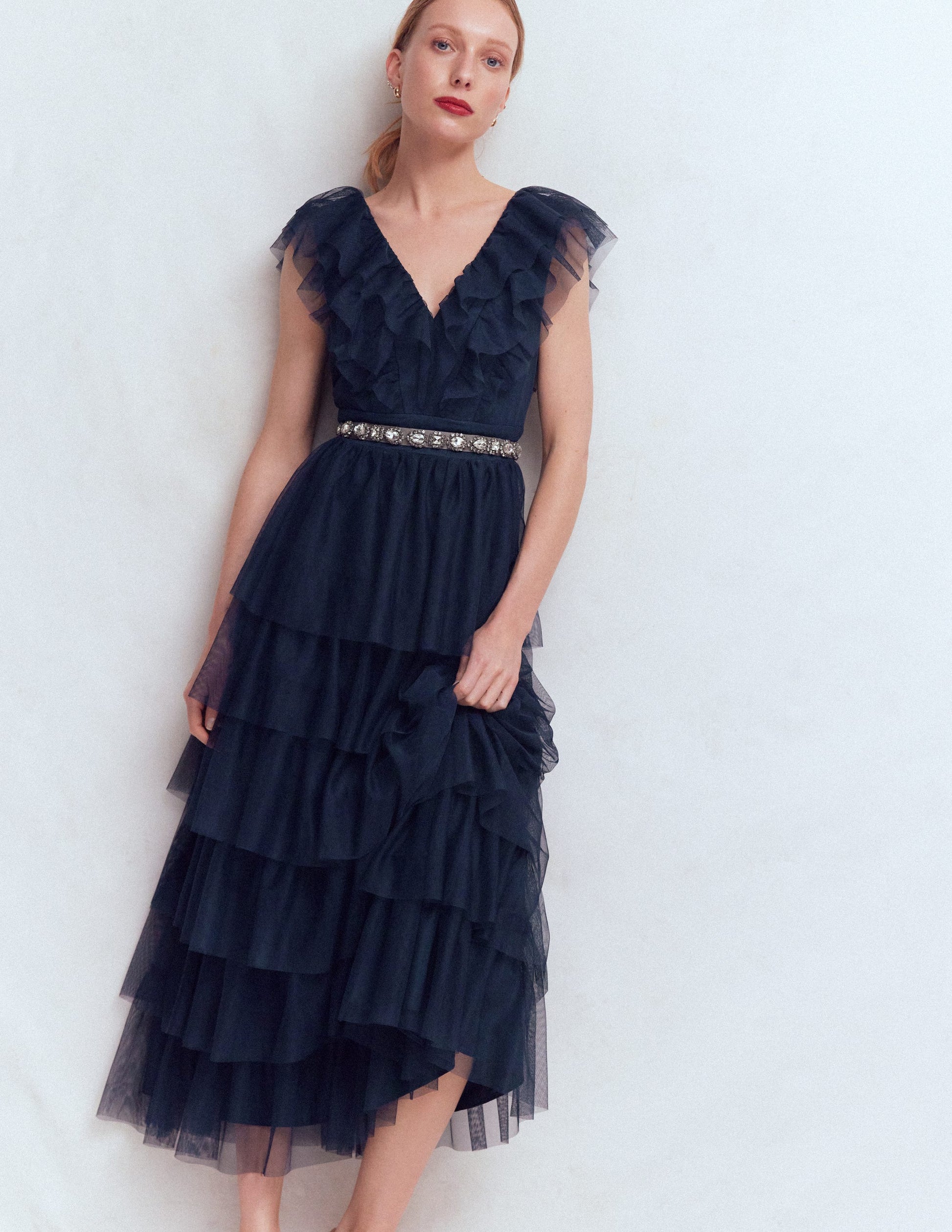 Gestuftes Tüllkleid mit Rüschen-Marineblau-5