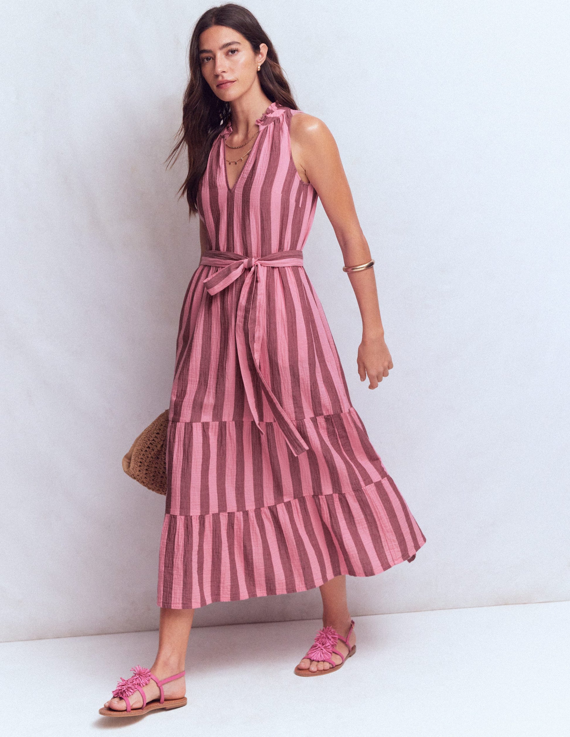 Viv Doppeltuch-Maxikleid-Braun Rosa Streifen-2