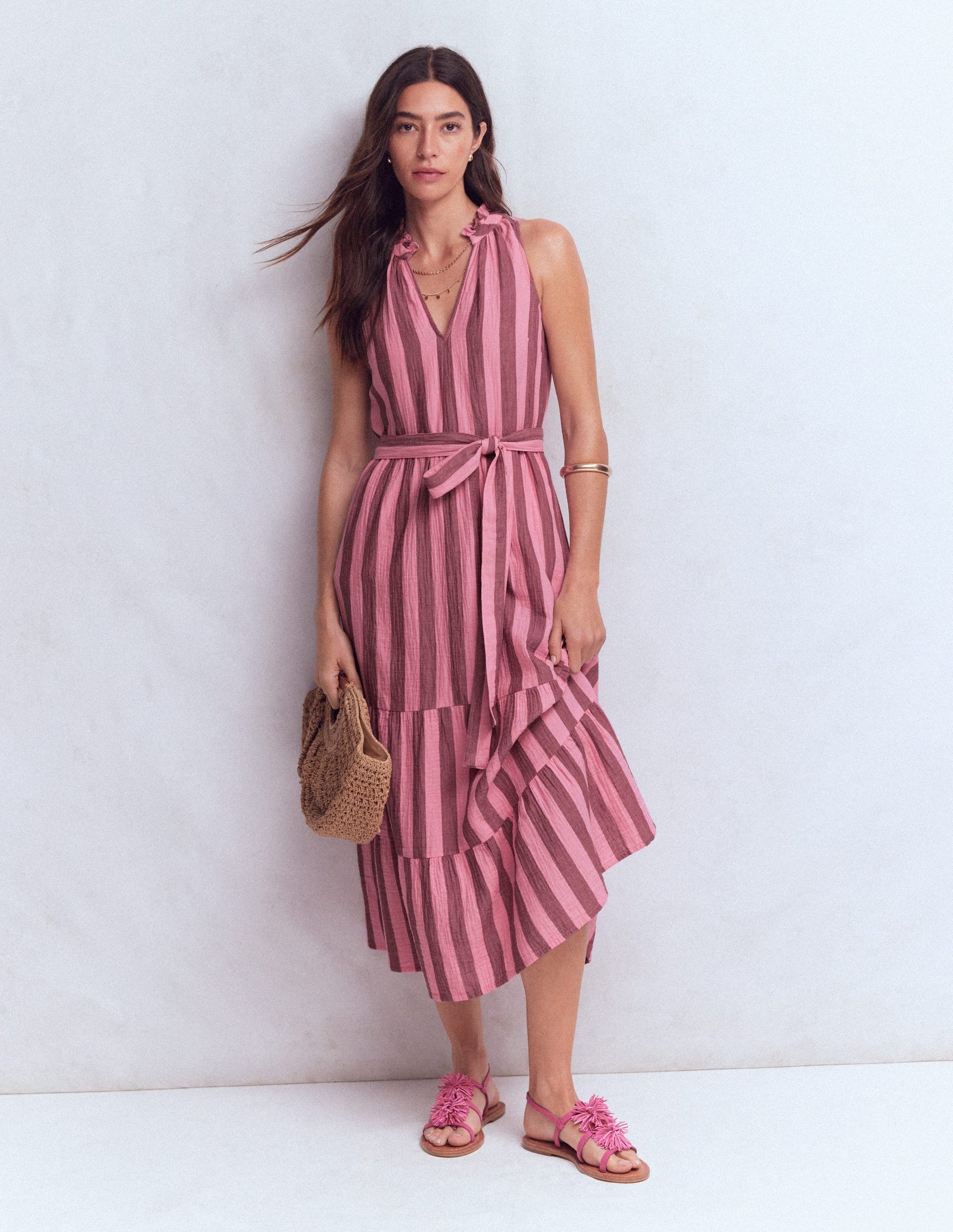 Viv Doppeltuch-Maxikleid-Braun Rosa Streifen-5