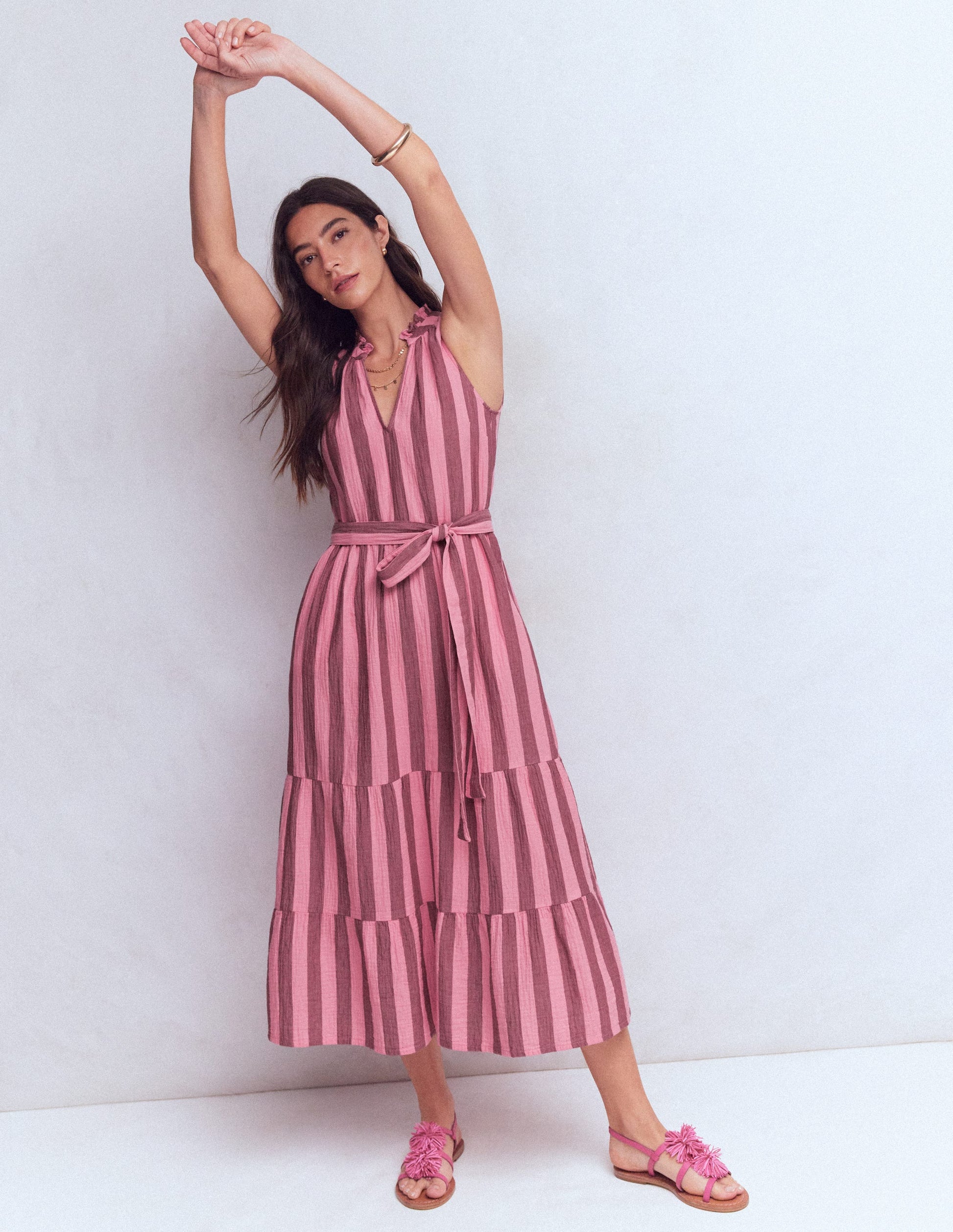 Viv Doppeltuch-Maxikleid-Braun Rosa Streifen-6