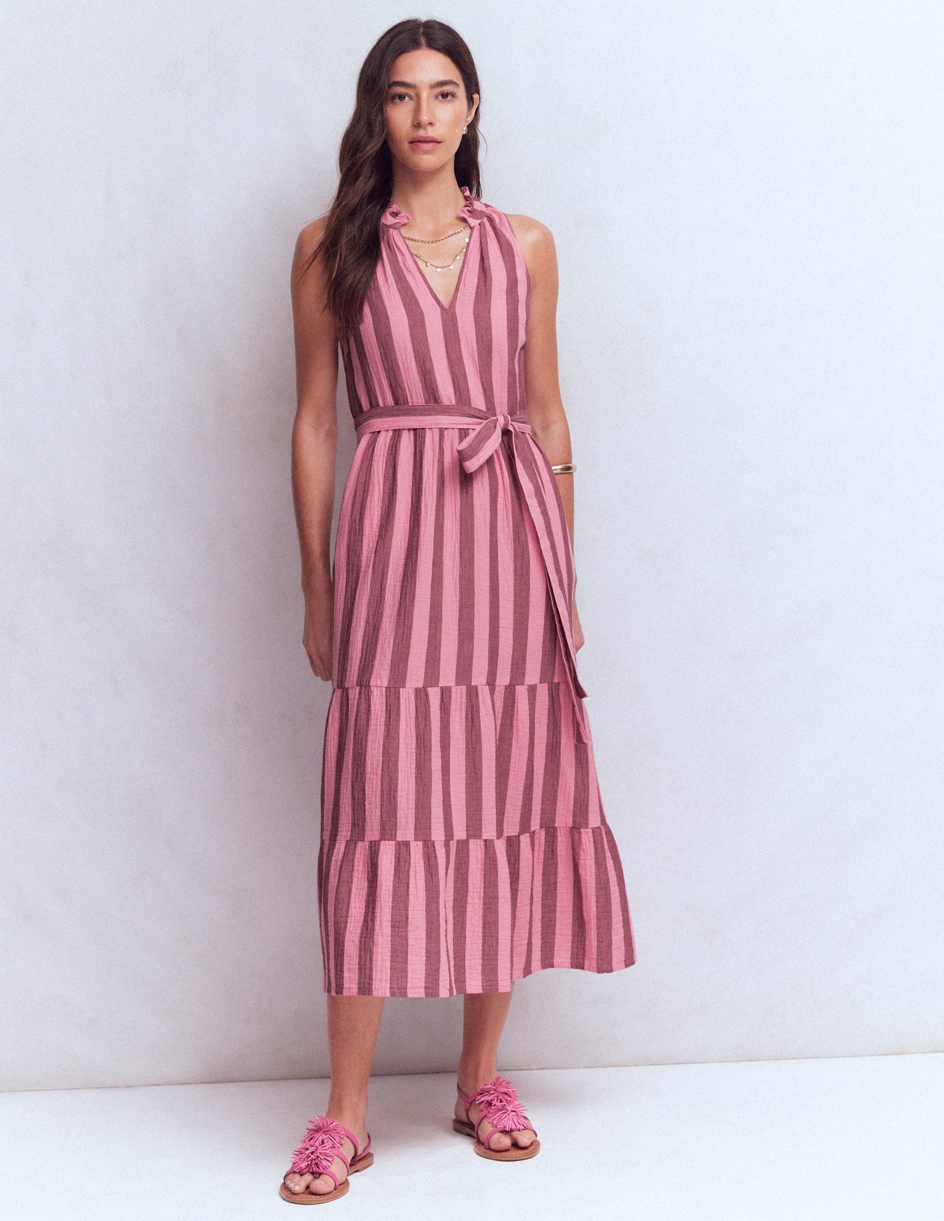 Viv Doppeltuch-Maxikleid-Braun Rosa Streifen-7