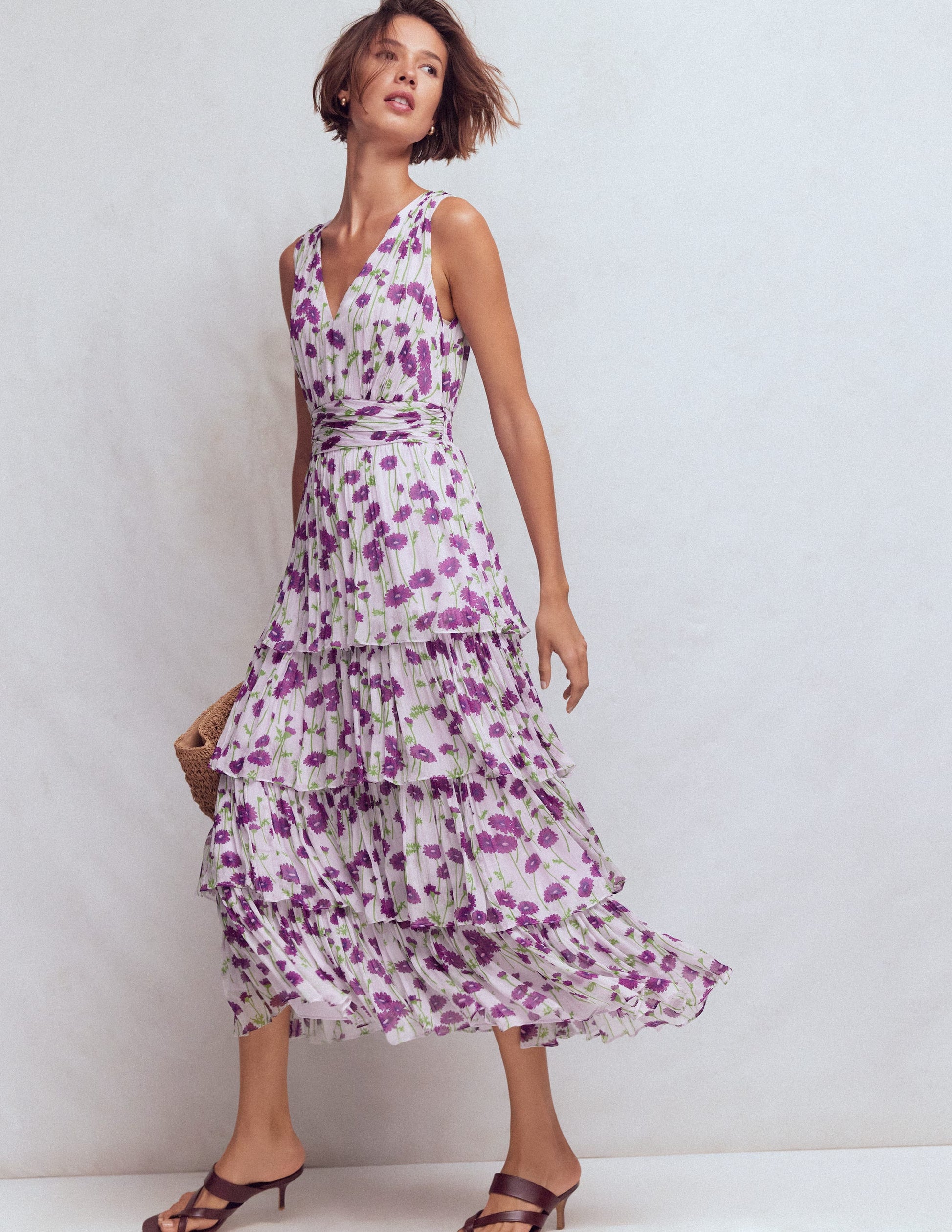 Tiered Sleeveless Dress-Purple Daisy Stems-1