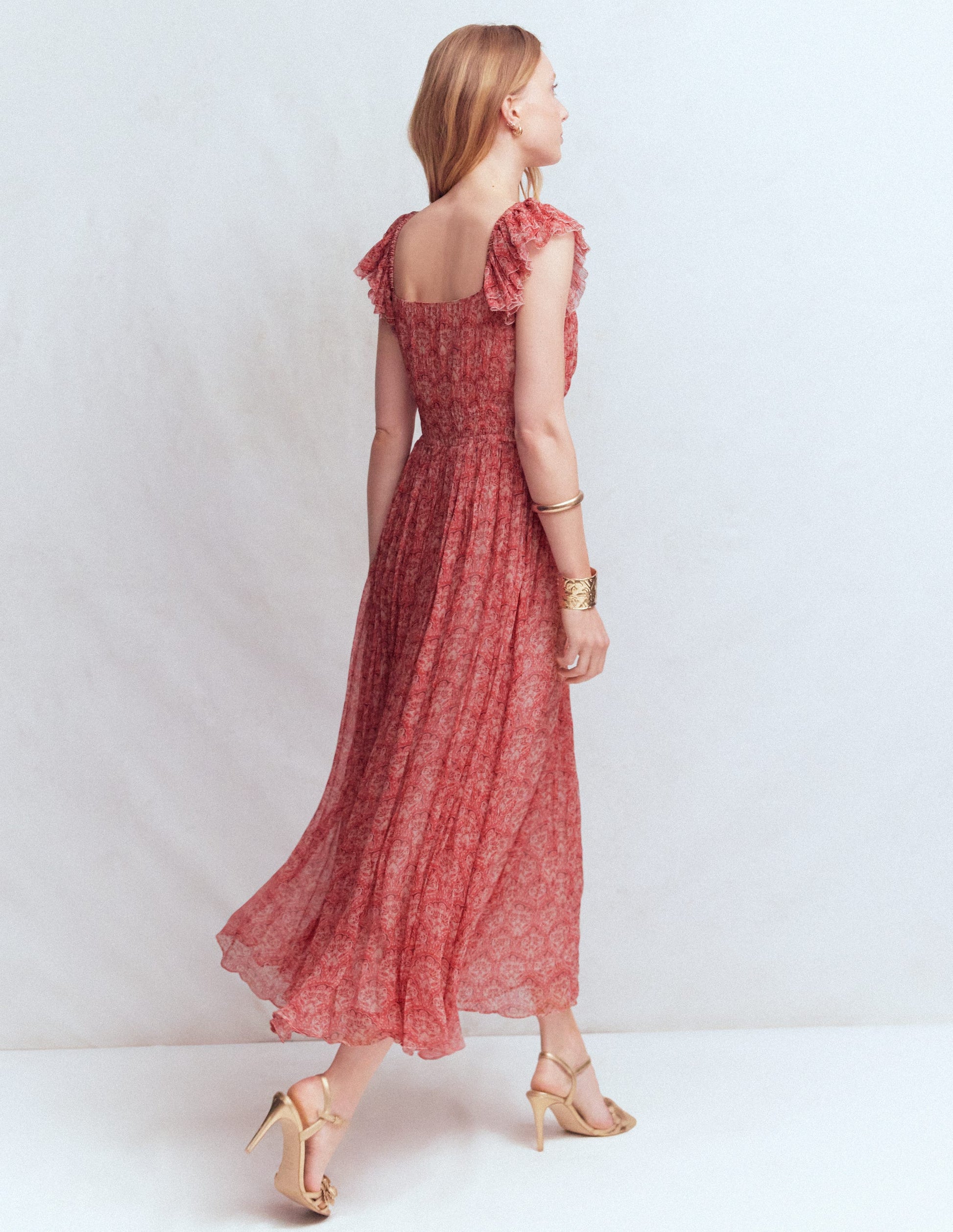 Robe longue en mousseline froissée-Motif Paradise Gardens rose-3