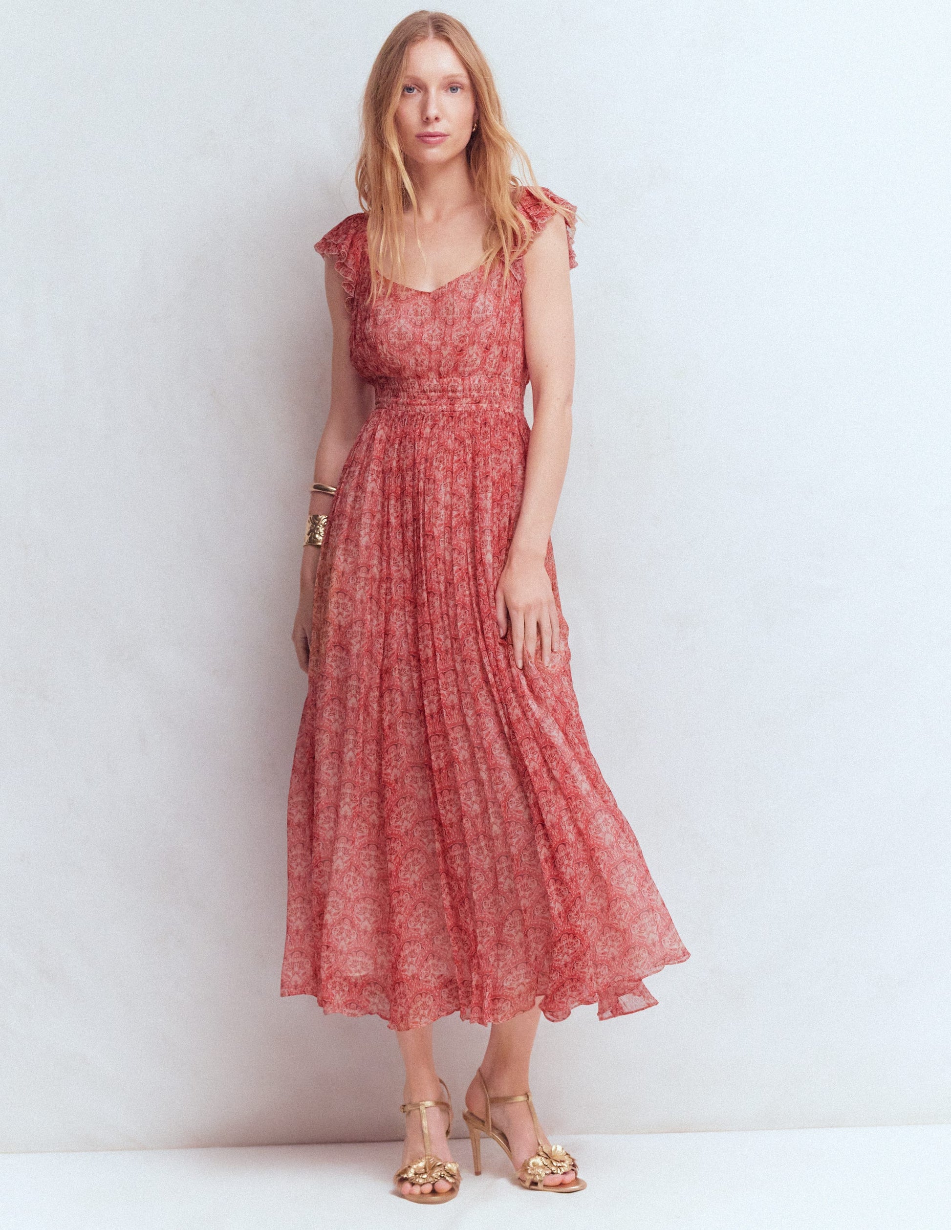 Robe longue en mousseline froissée-Motif Paradise Gardens rose-5