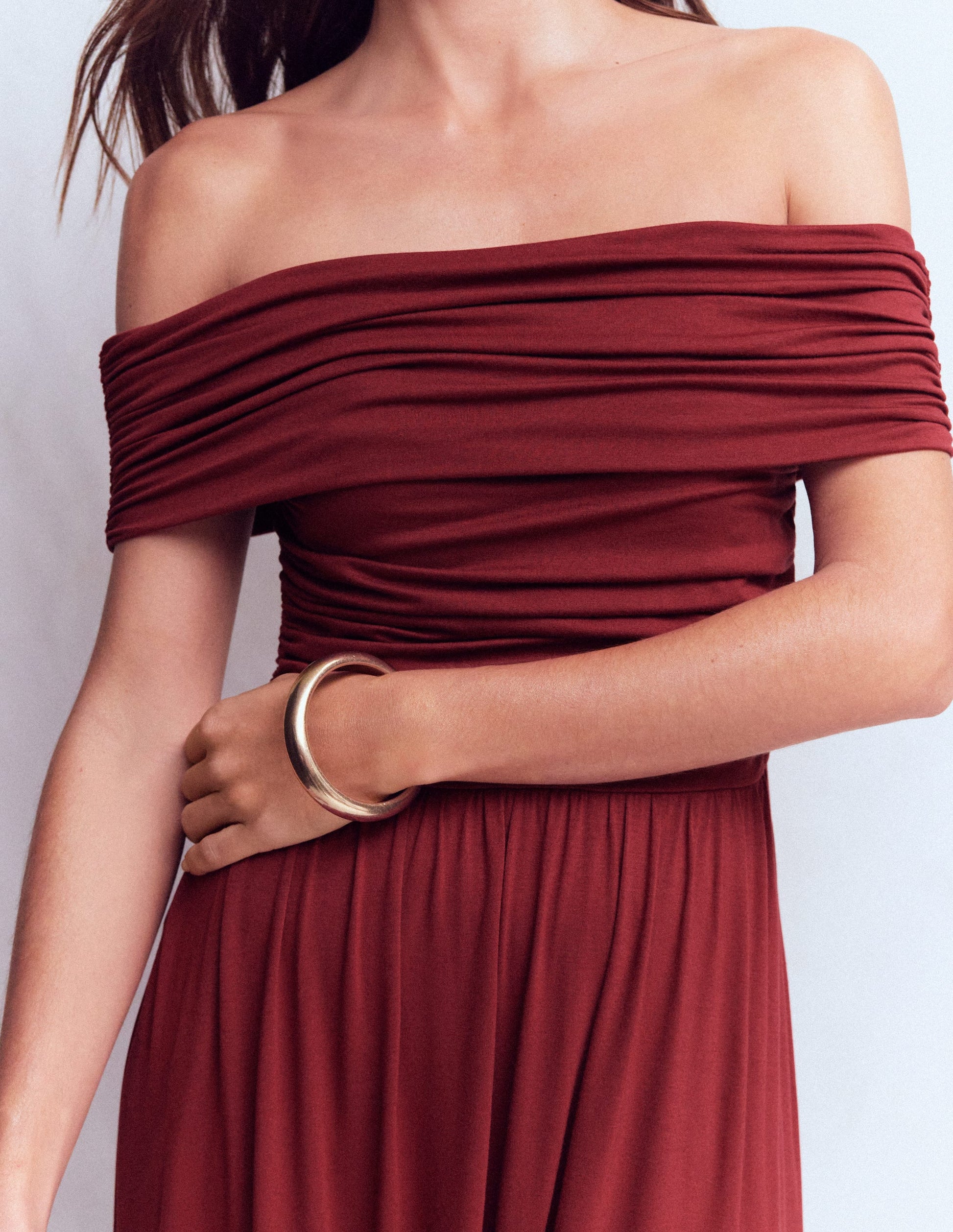 Robe froncée à encolure Bardot en jersey-Bordeaux-3