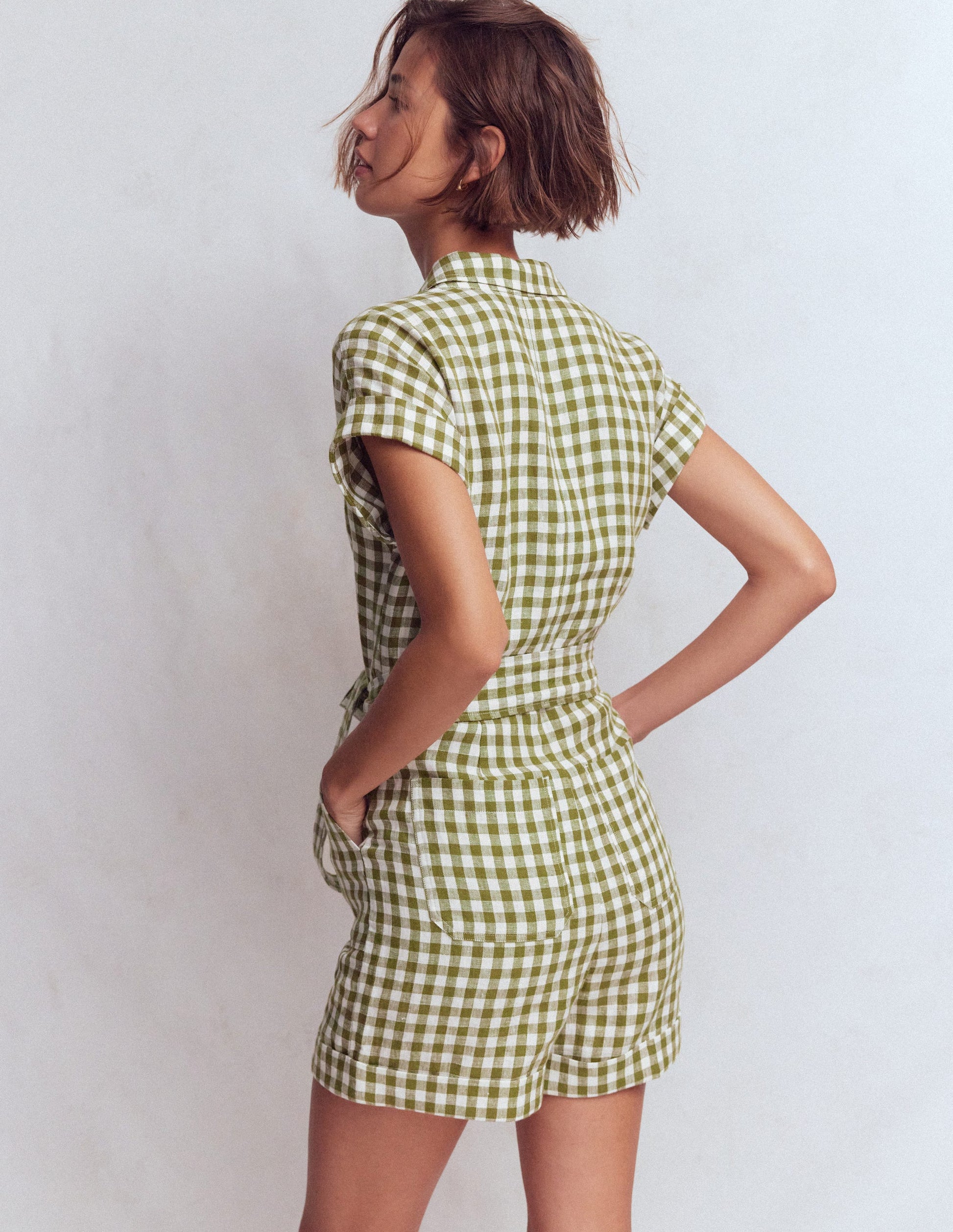 Kay Linen Playsuit-Olive, Ivory Gingham-3