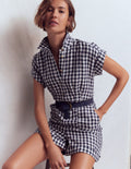 Combishort Kay en lin-Vichy bleu marine, ivoire