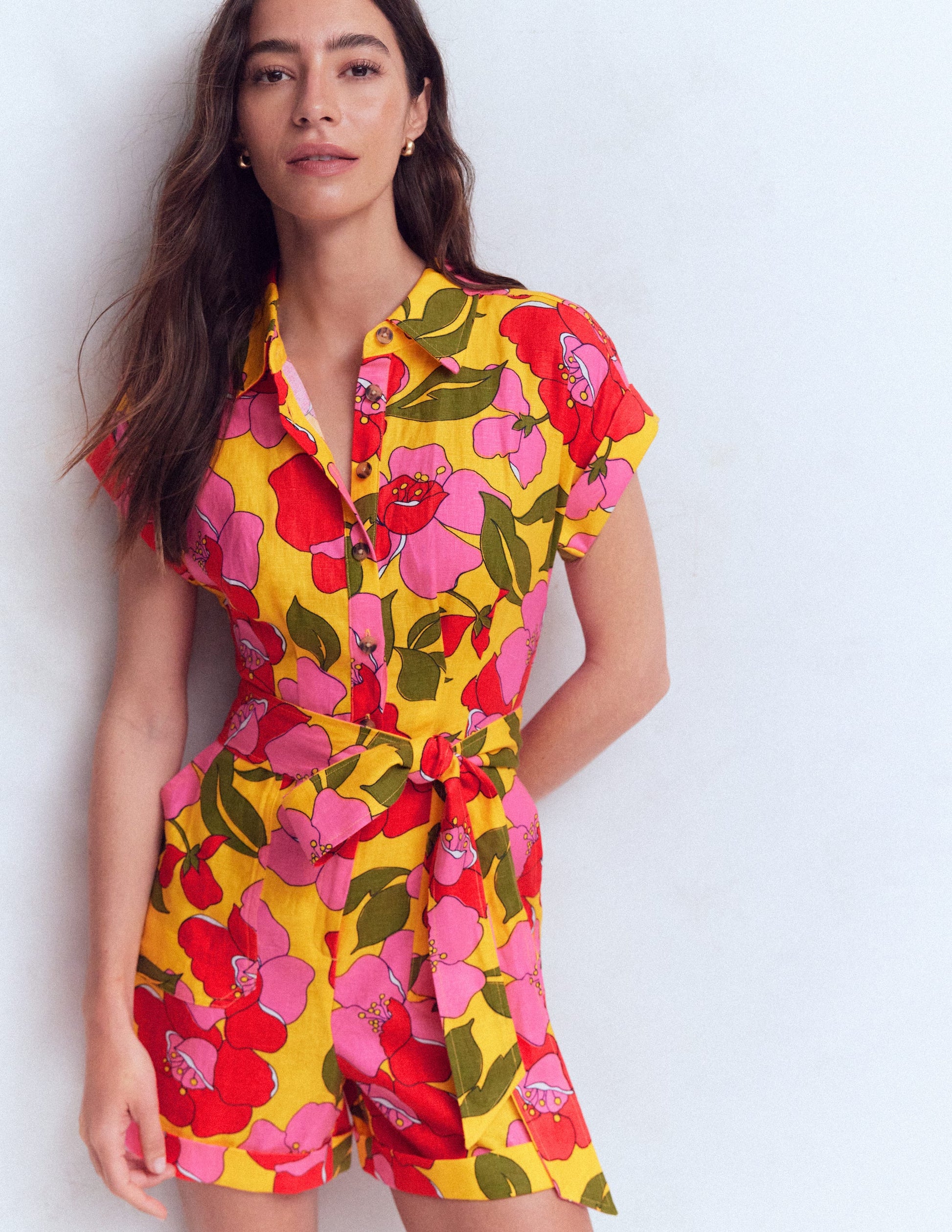 Kay Leinen-Jumpsuit-Gelb Strahlende Blüten-2
