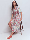 Robe midi Irene en lin-Ivoire, motif Bloom Scatter