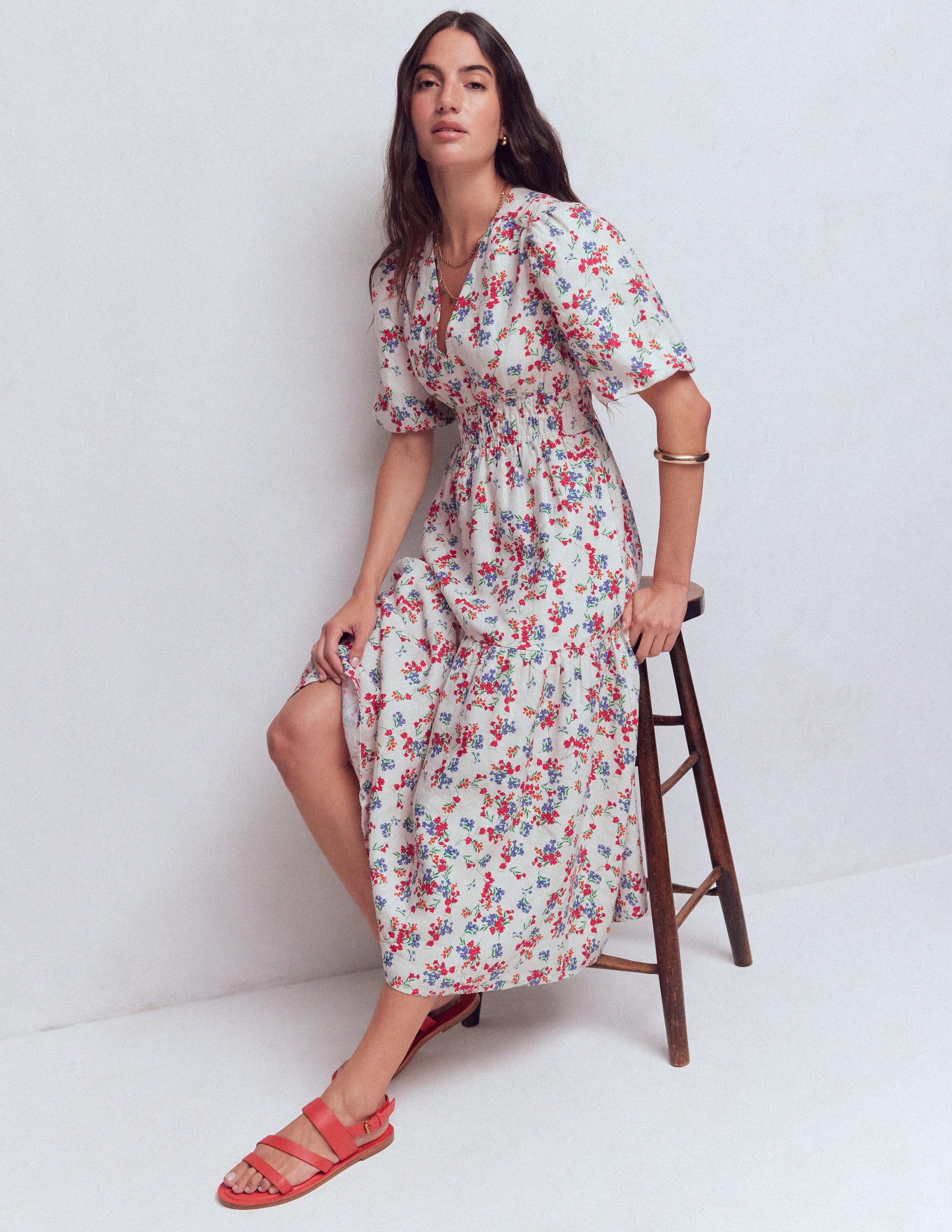 Robe midi Irene en lin-Ivoire, motif Bloom Scatter-1