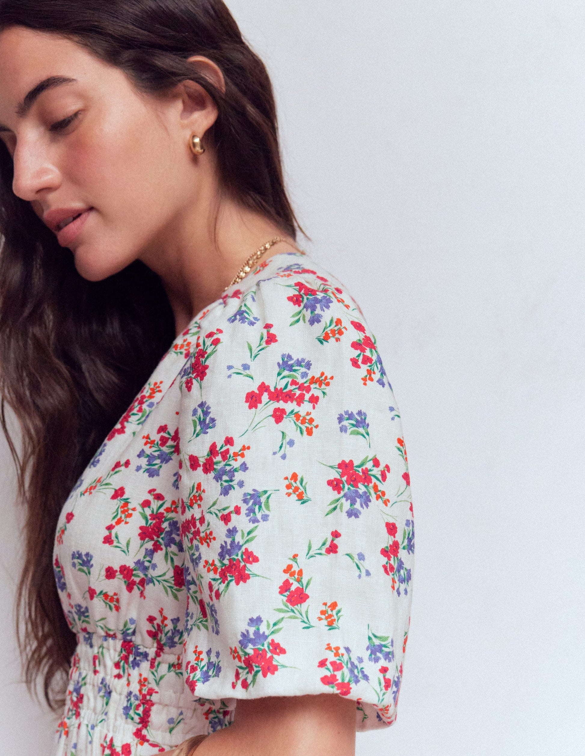 Robe midi Irene en lin-Ivoire, motif Bloom Scatter-2