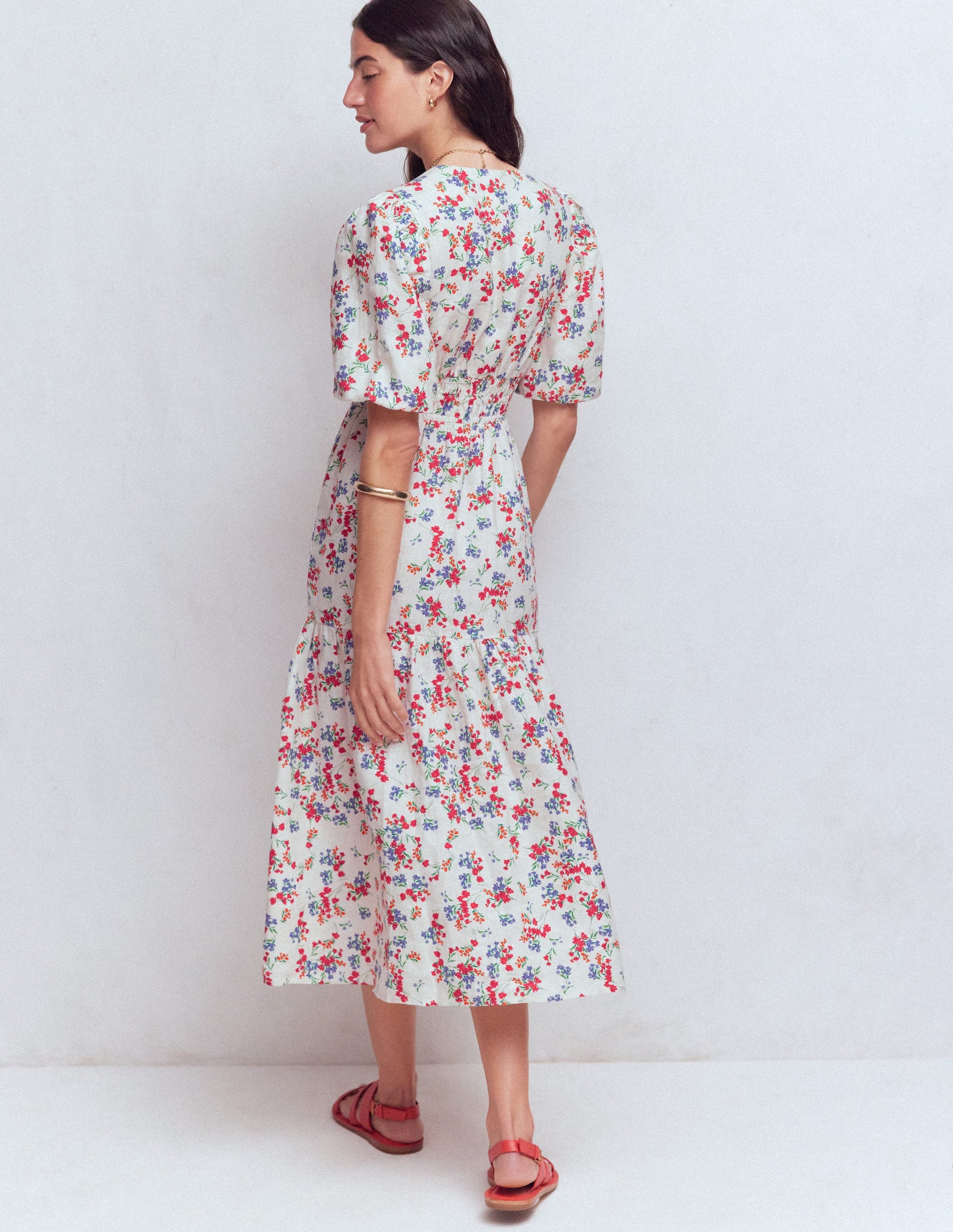 Robe midi Irene en lin-Ivoire, motif Bloom Scatter-3