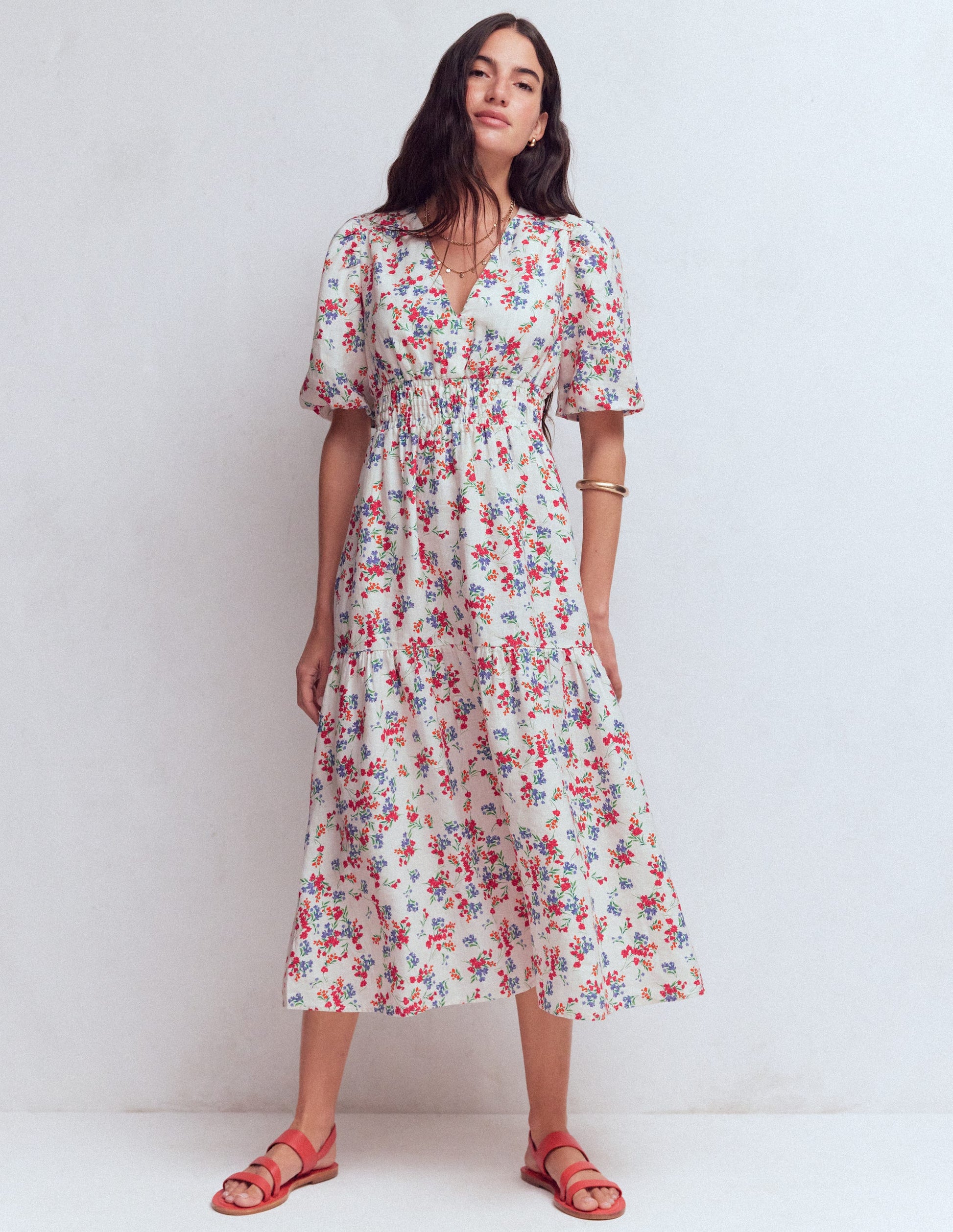 Robe midi Irene en lin-Ivoire, motif Bloom Scatter-4