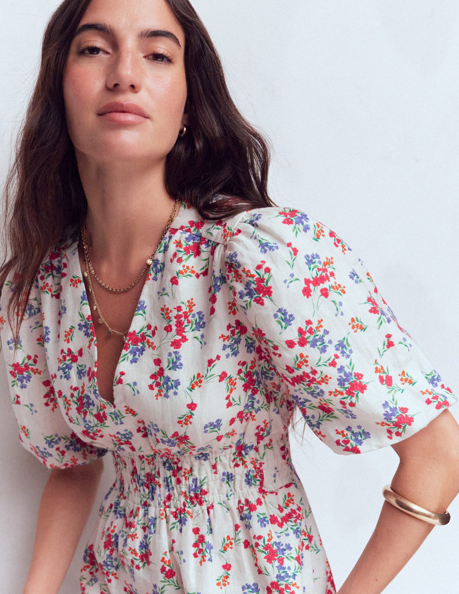 Robe midi Irene en lin-Ivoire, motif Bloom Scatter-5