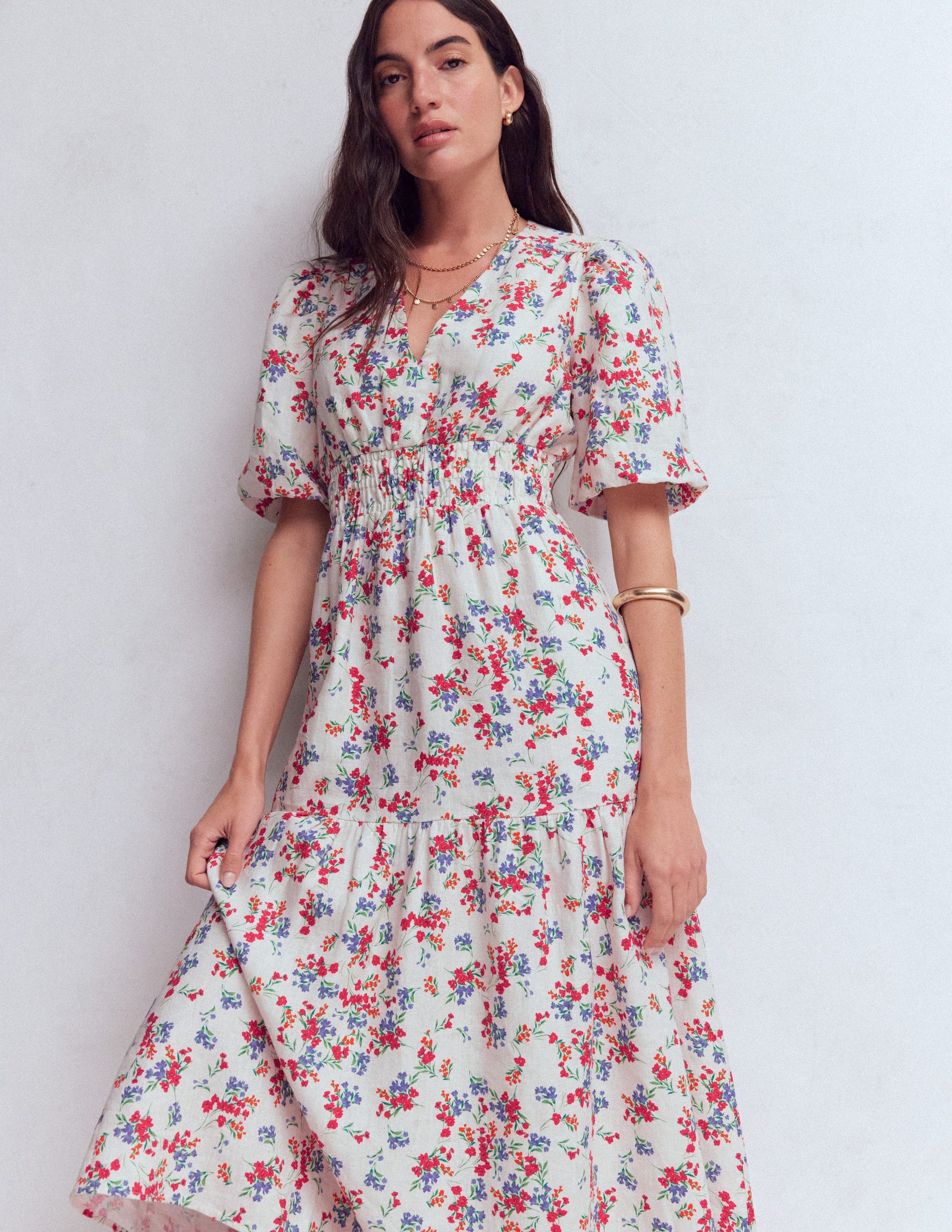 Robe midi Irene en lin-Ivoire, motif Bloom Scatter-6