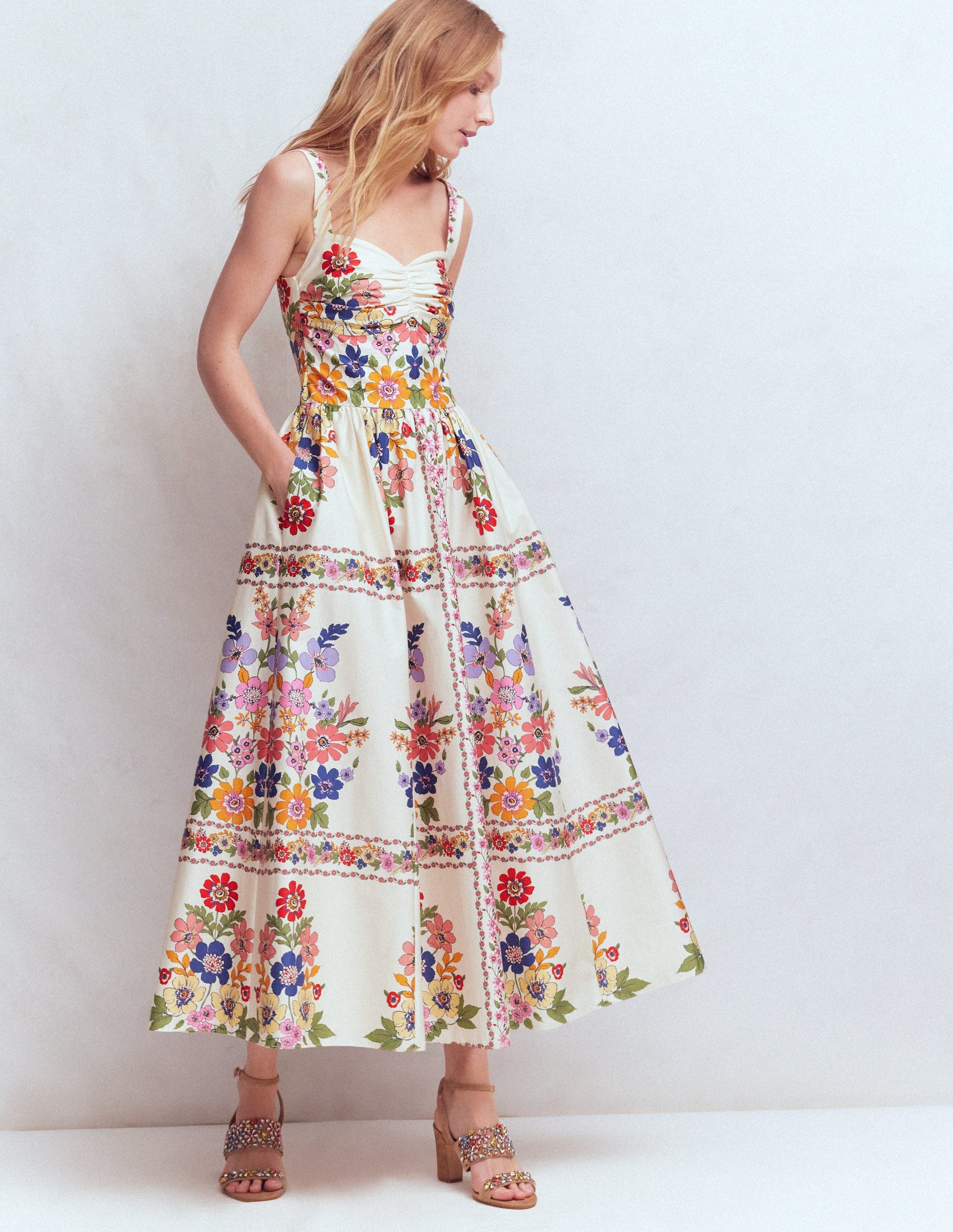 Ausgestelltes Midikleid-Bunt Wiesenblumen Gitter-4