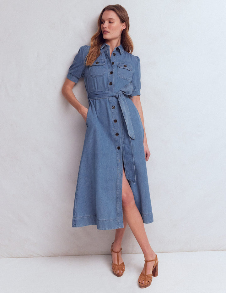 Denim-Hemdblusenkleid mit Puffärmeln-Medium Vintage