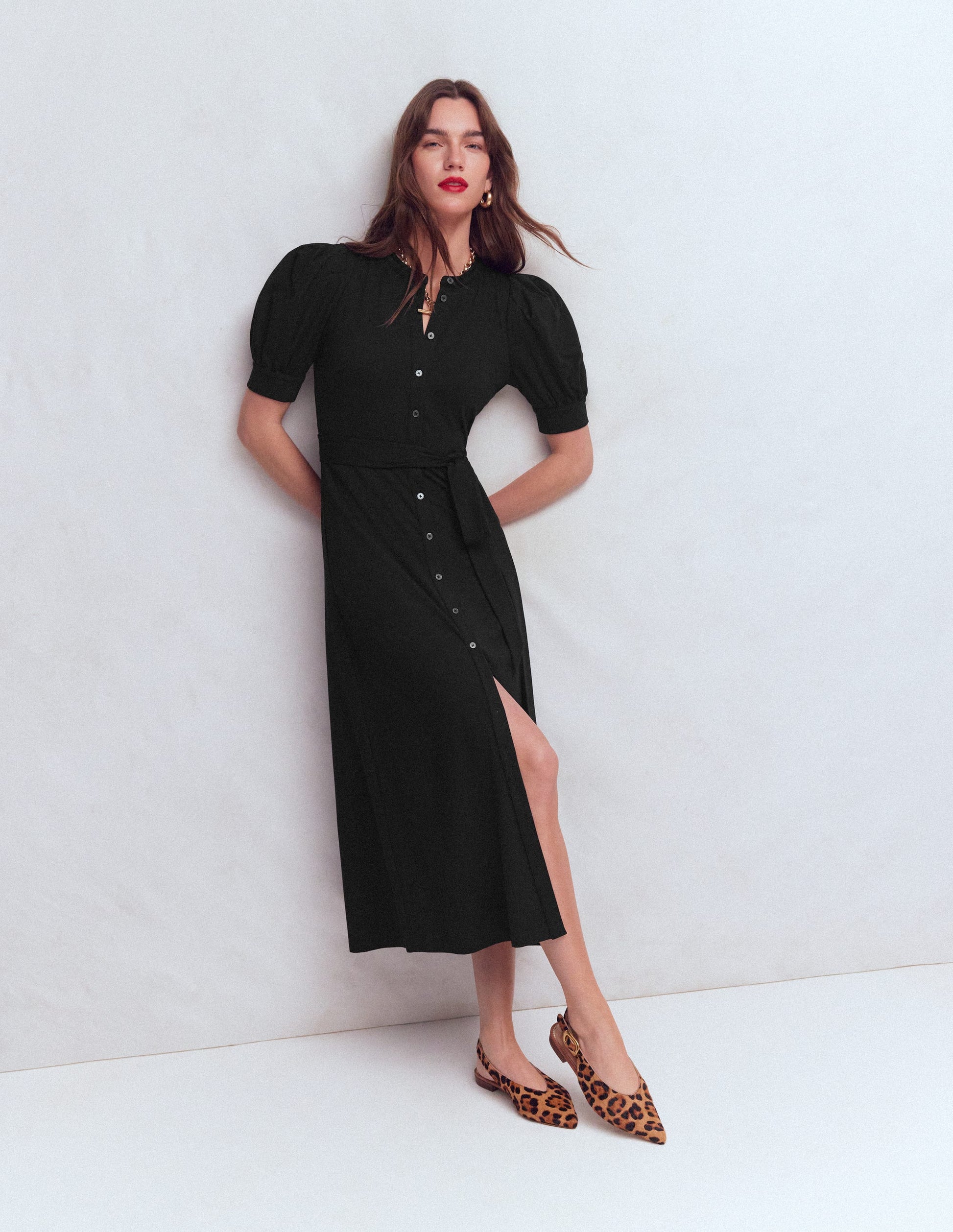 Robe-chemise à manches bouffantes en point de Rome-Noir-1