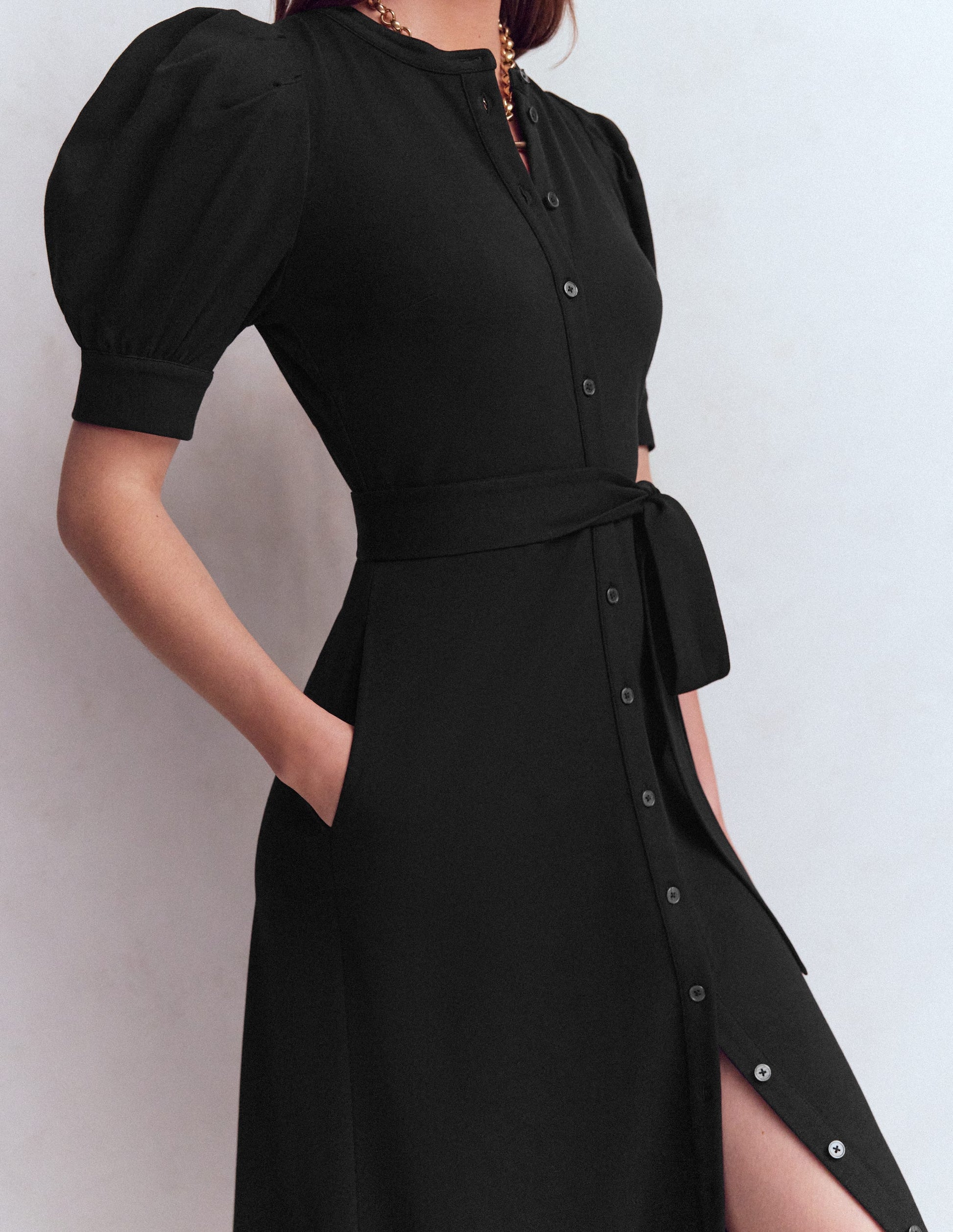 Robe-chemise à manches bouffantes en point de Rome-Noir-2