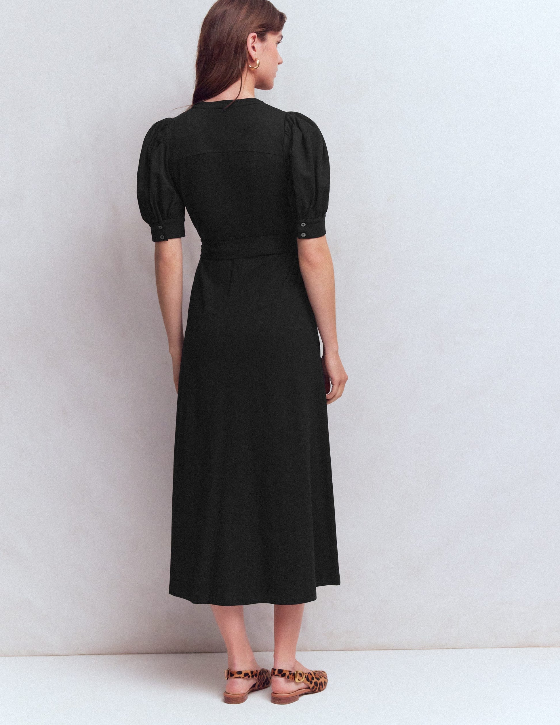 Robe-chemise à manches bouffantes en point de Rome-Noir-3