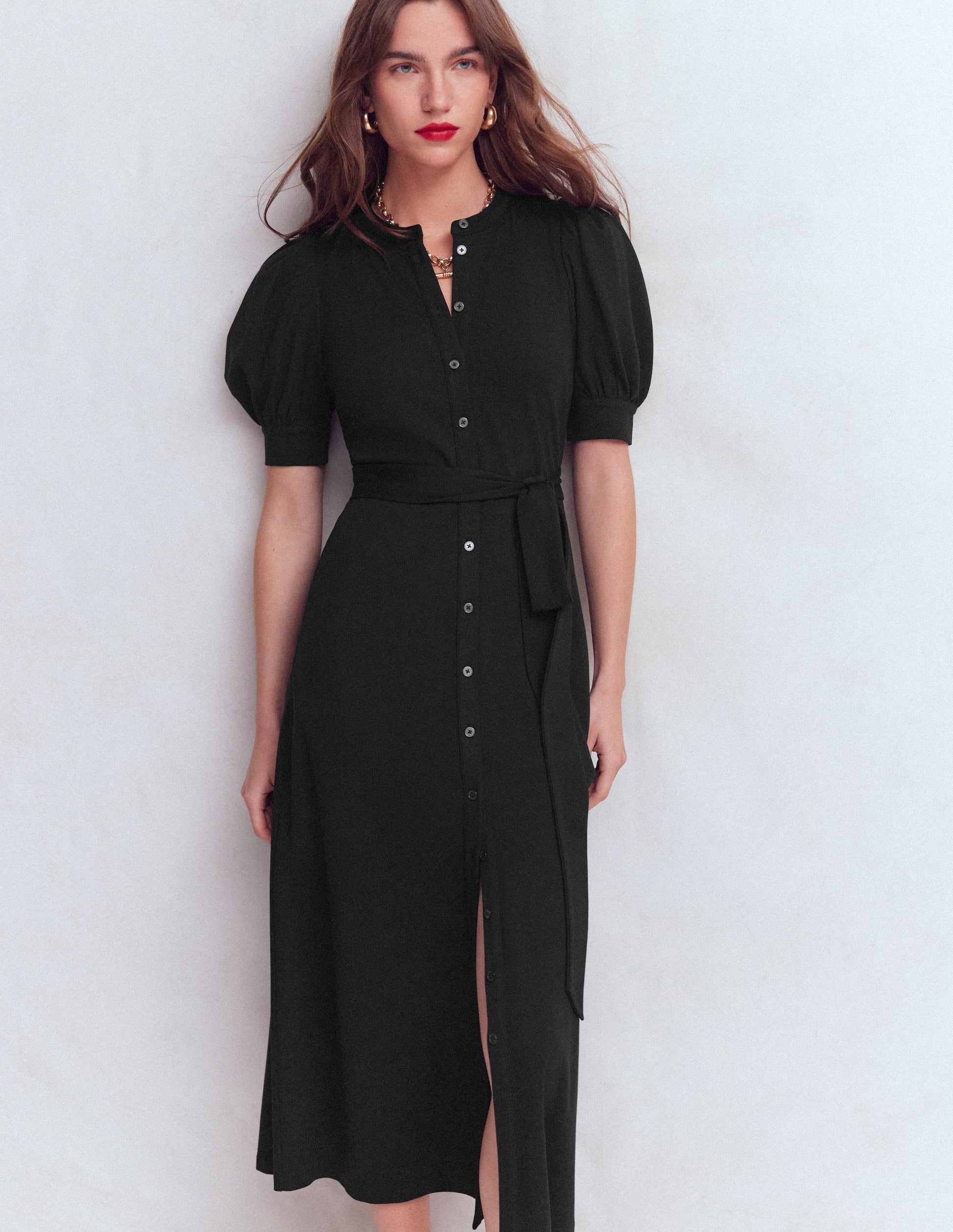Robe-chemise à manches bouffantes en point de Rome-Noir-5