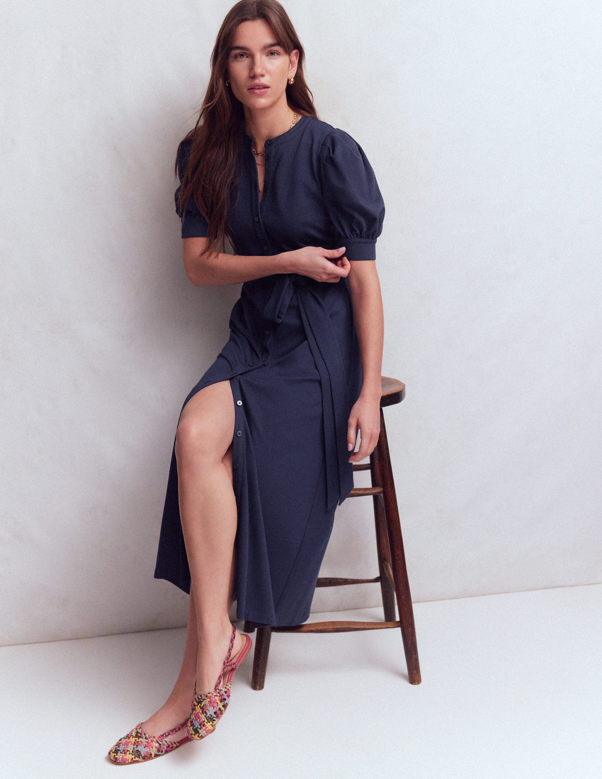 Ponte-Hemdblusenkleid mit Puffärmeln-Marineblau-4