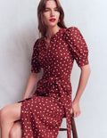Robe-chemise à manches bouffantes en point de Rome-Poire rouge, pois peints