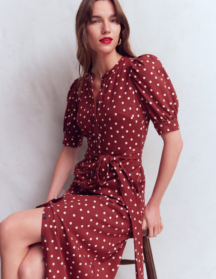Ponte-Hemdblusenkleid mit Puffärmeln-Rote Birne, Gemalte Tupfen