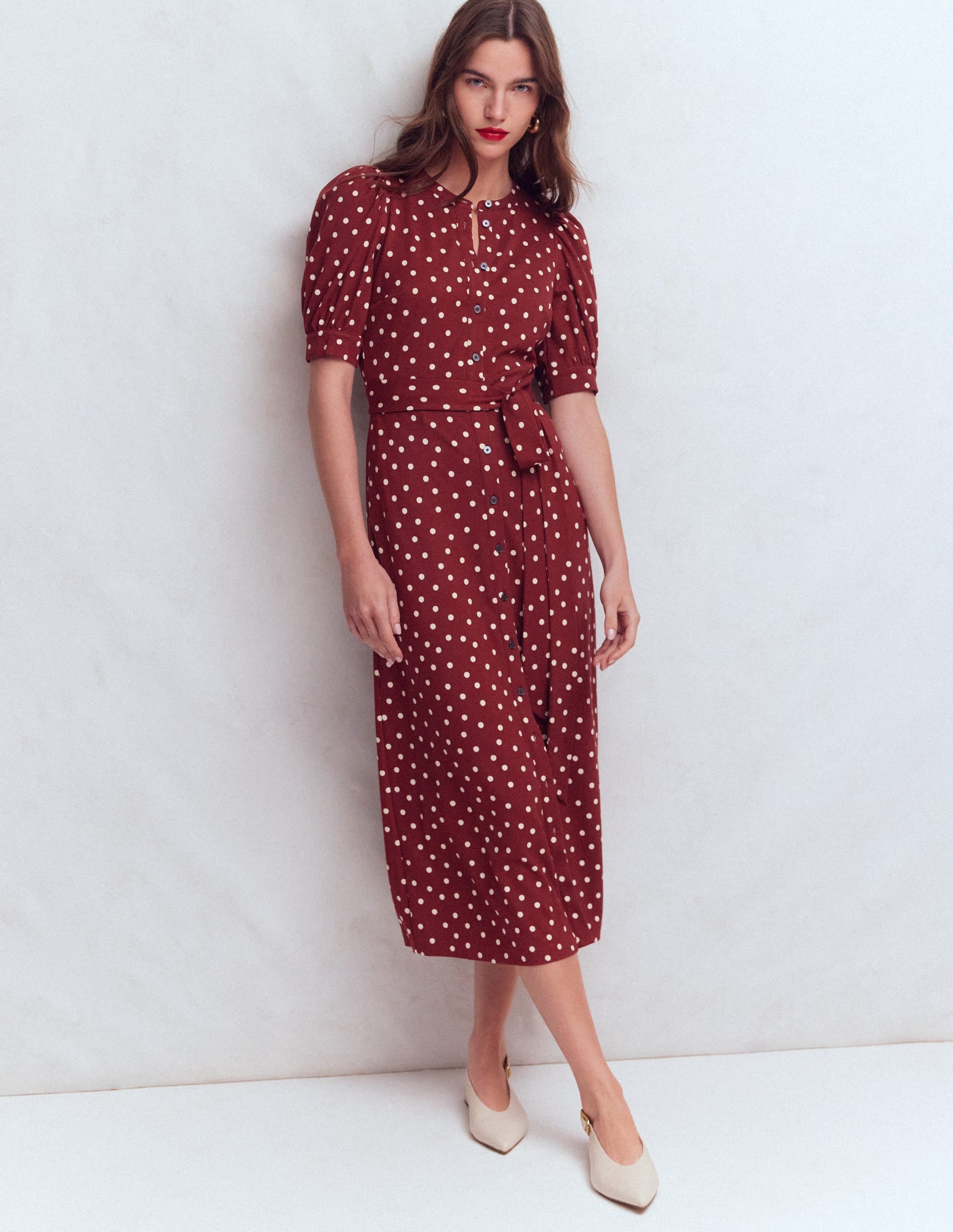 Ponte-Hemdblusenkleid mit Puffärmeln-Rote Birne, Gemalte Tupfen - Image 4