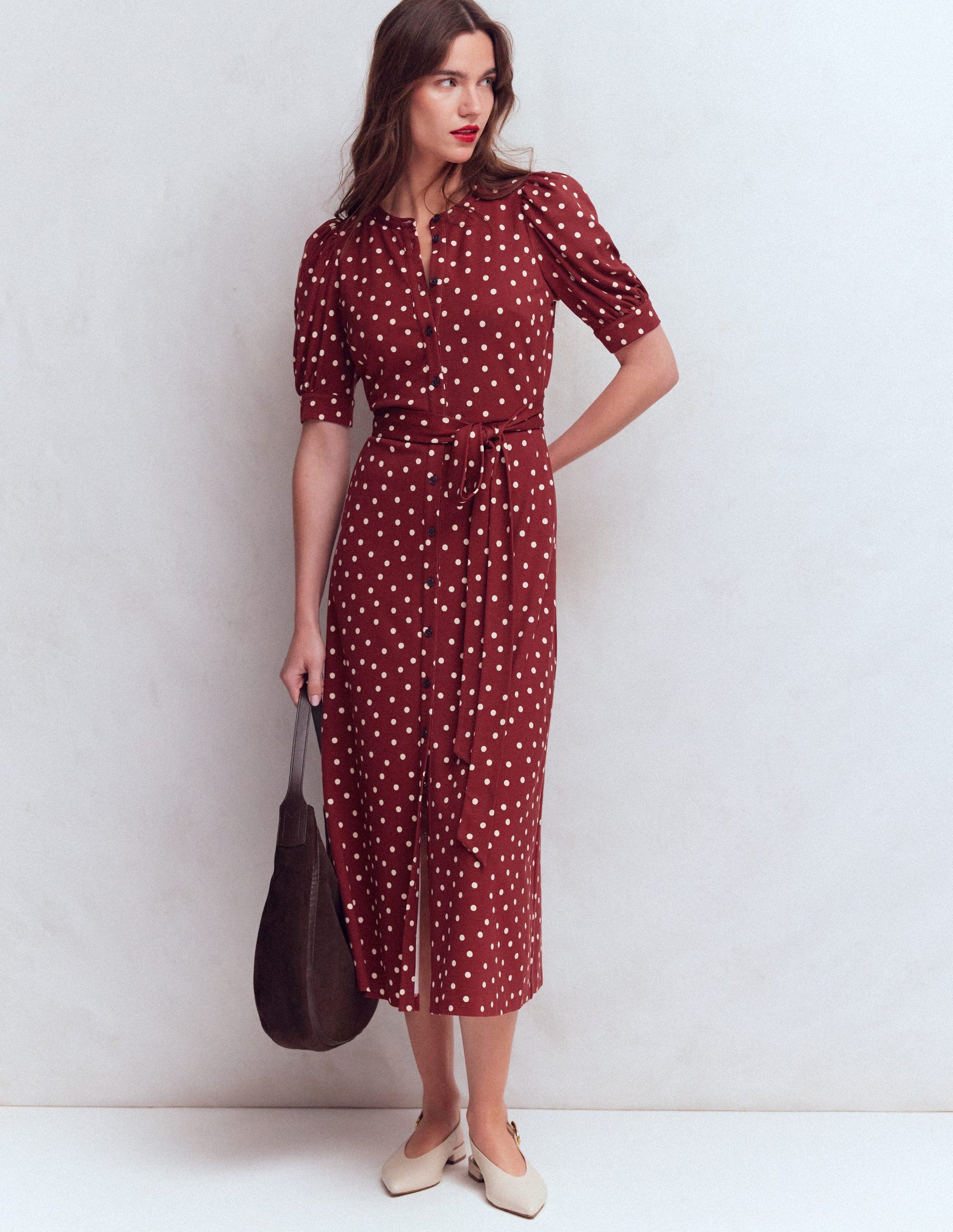 Ponte-Hemdblusenkleid mit Puffärmeln-Rote Birne, Gemalte Tupfen-5