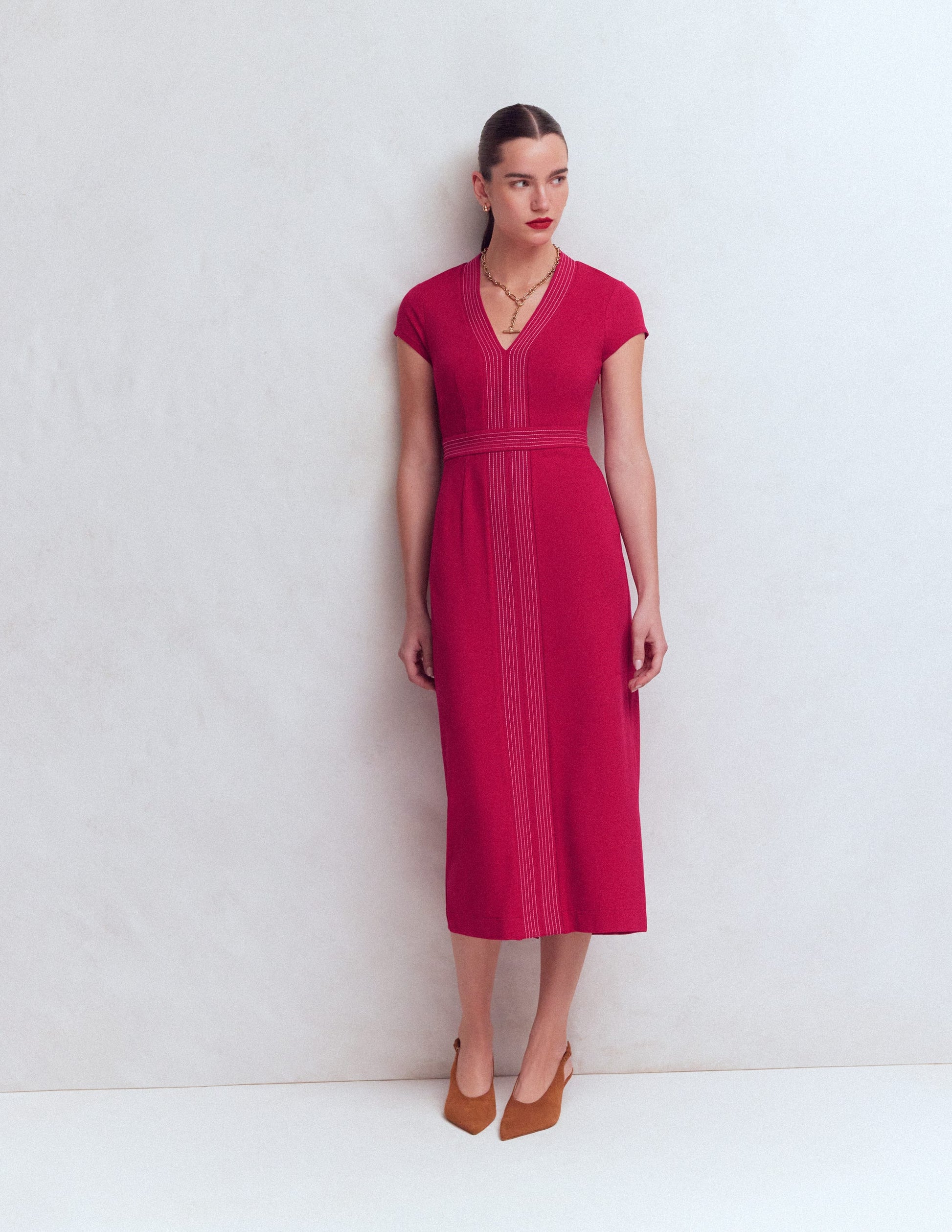 Topstitch Ponte Work Dress-Pomegranate-1