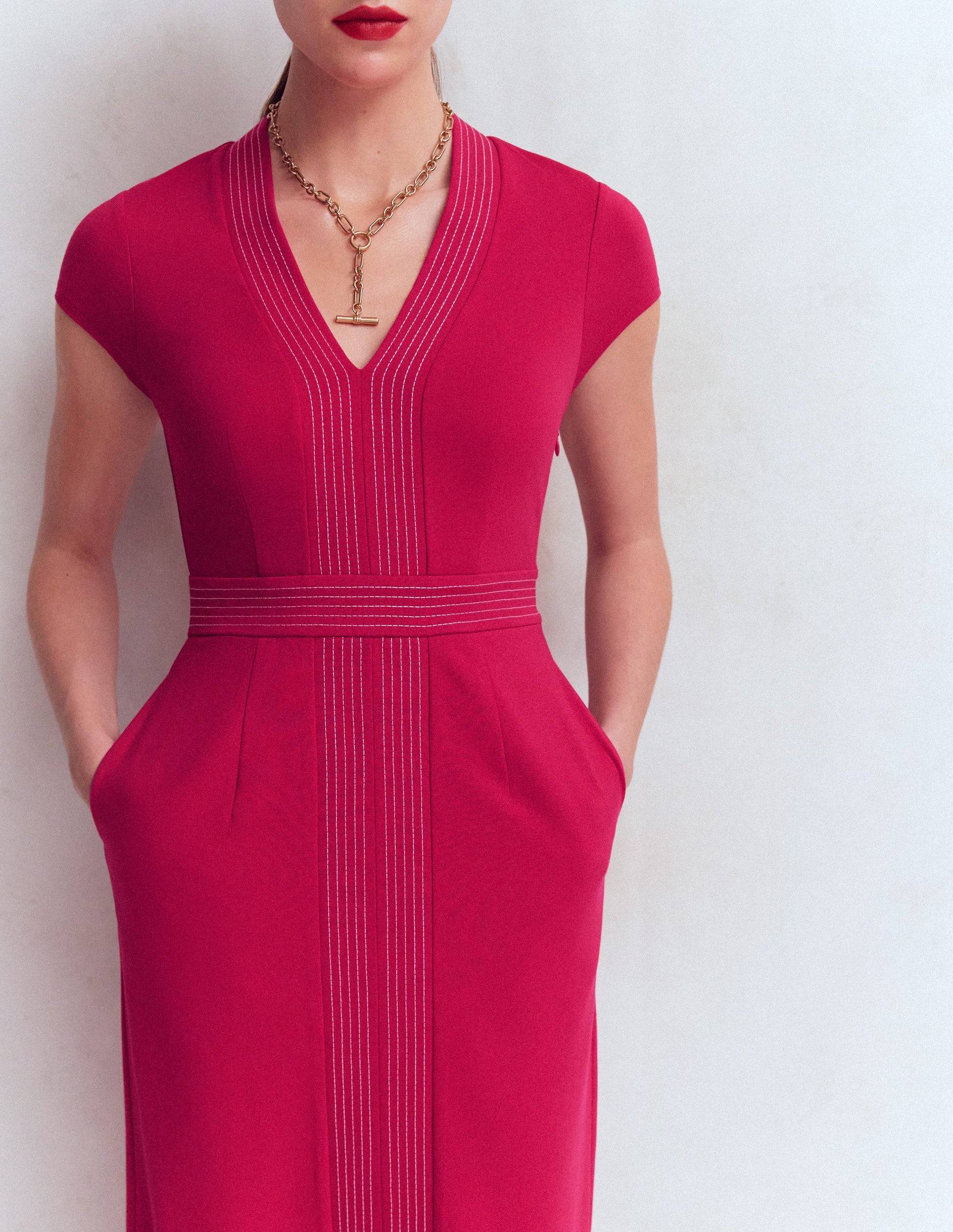 Topstitch Ponte Work Dress-Pomegranate-2