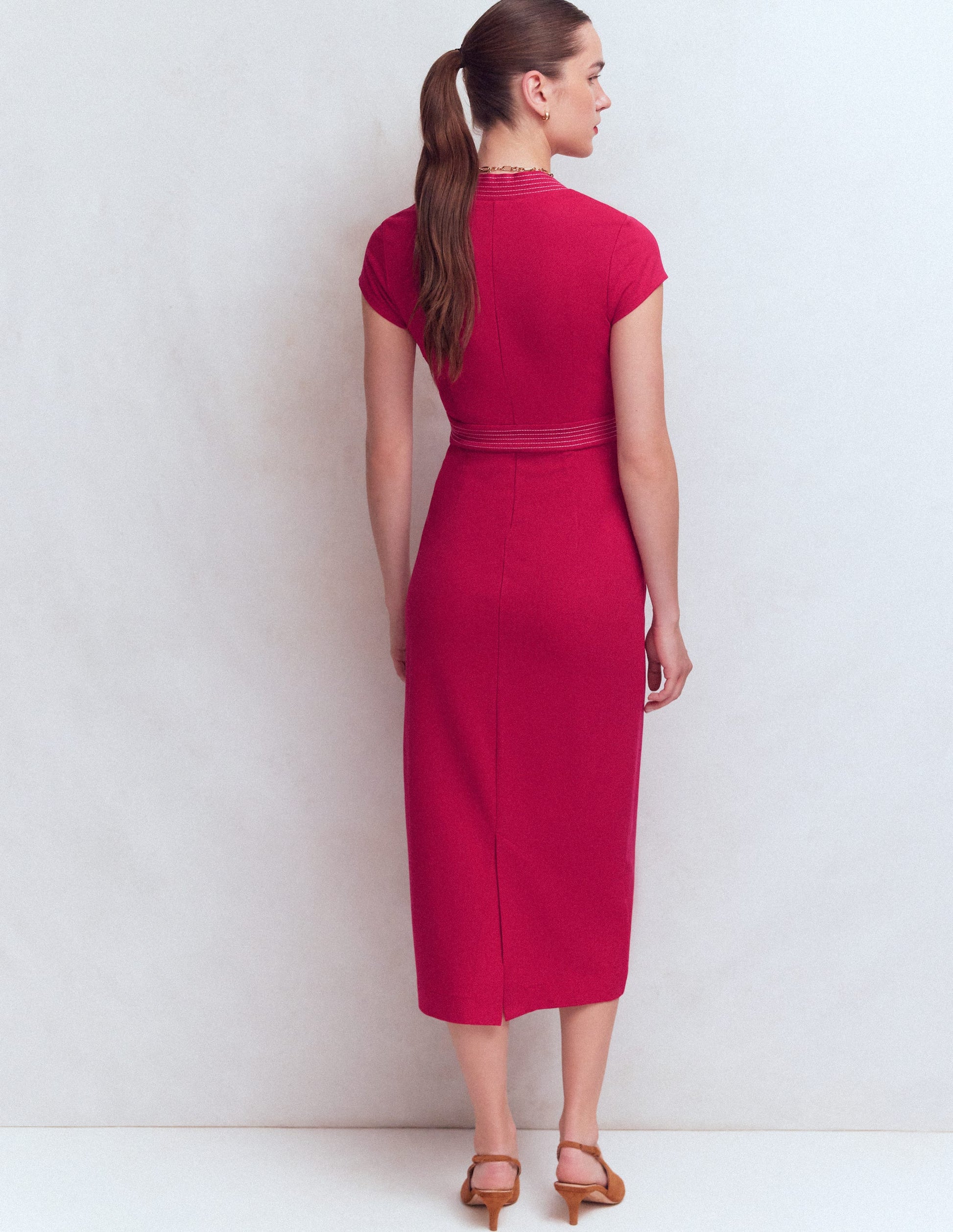 Topstitch Ponte Work Dress-Pomegranate-3