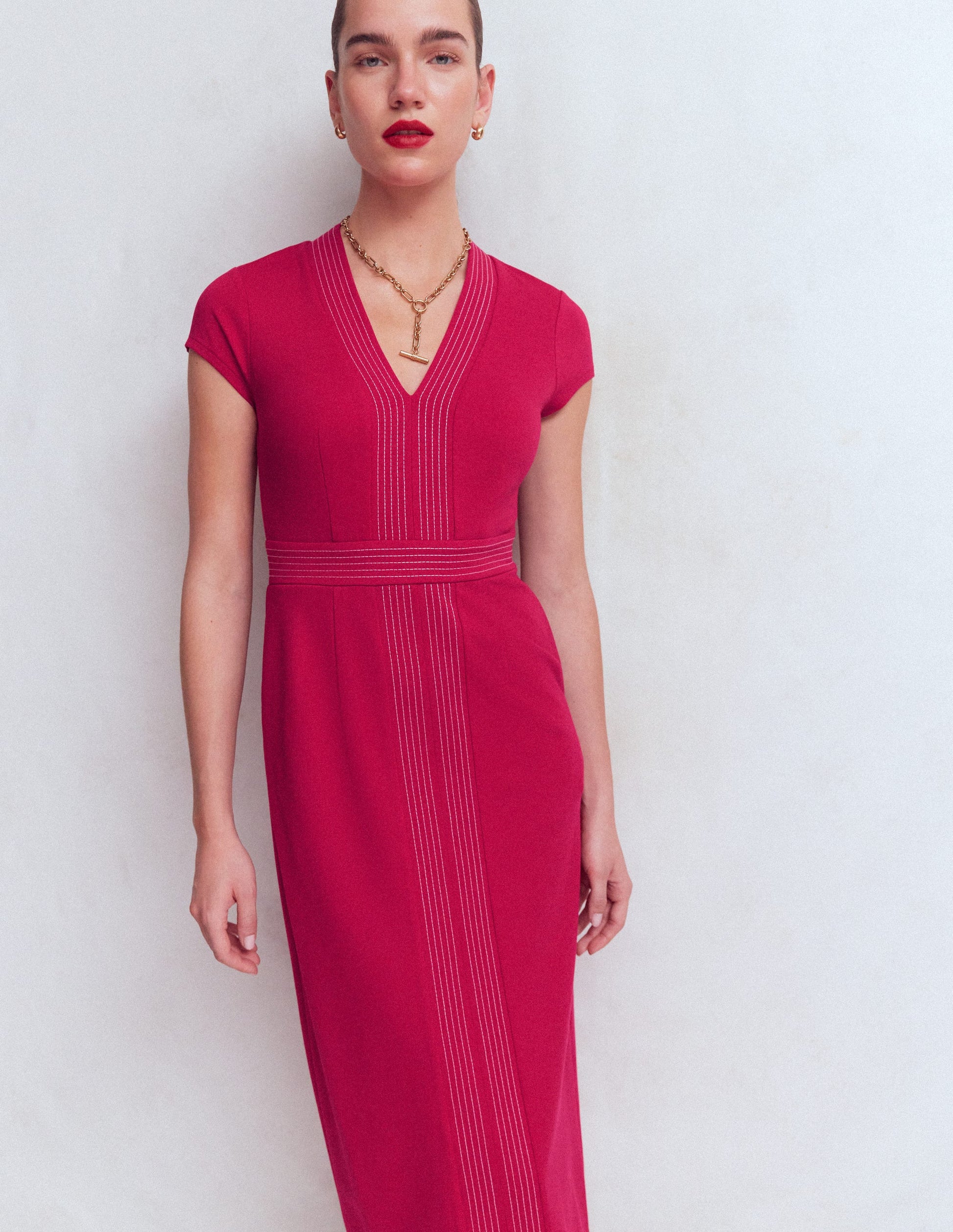 Topstitch Ponte Work Dress-Pomegranate-4