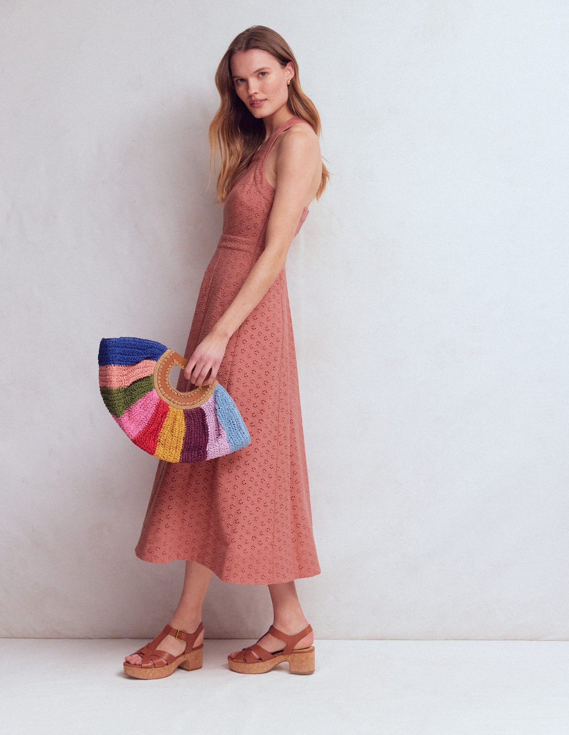 Midikleid mit gekreuzten Rückenträgern und Lochstickerei-Vintage-Rosa Lochstickerei-1
