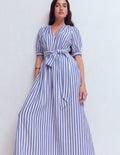 Doppeltuch-Kleid mit Puffärmeln-Blau Naturweiß Streifen