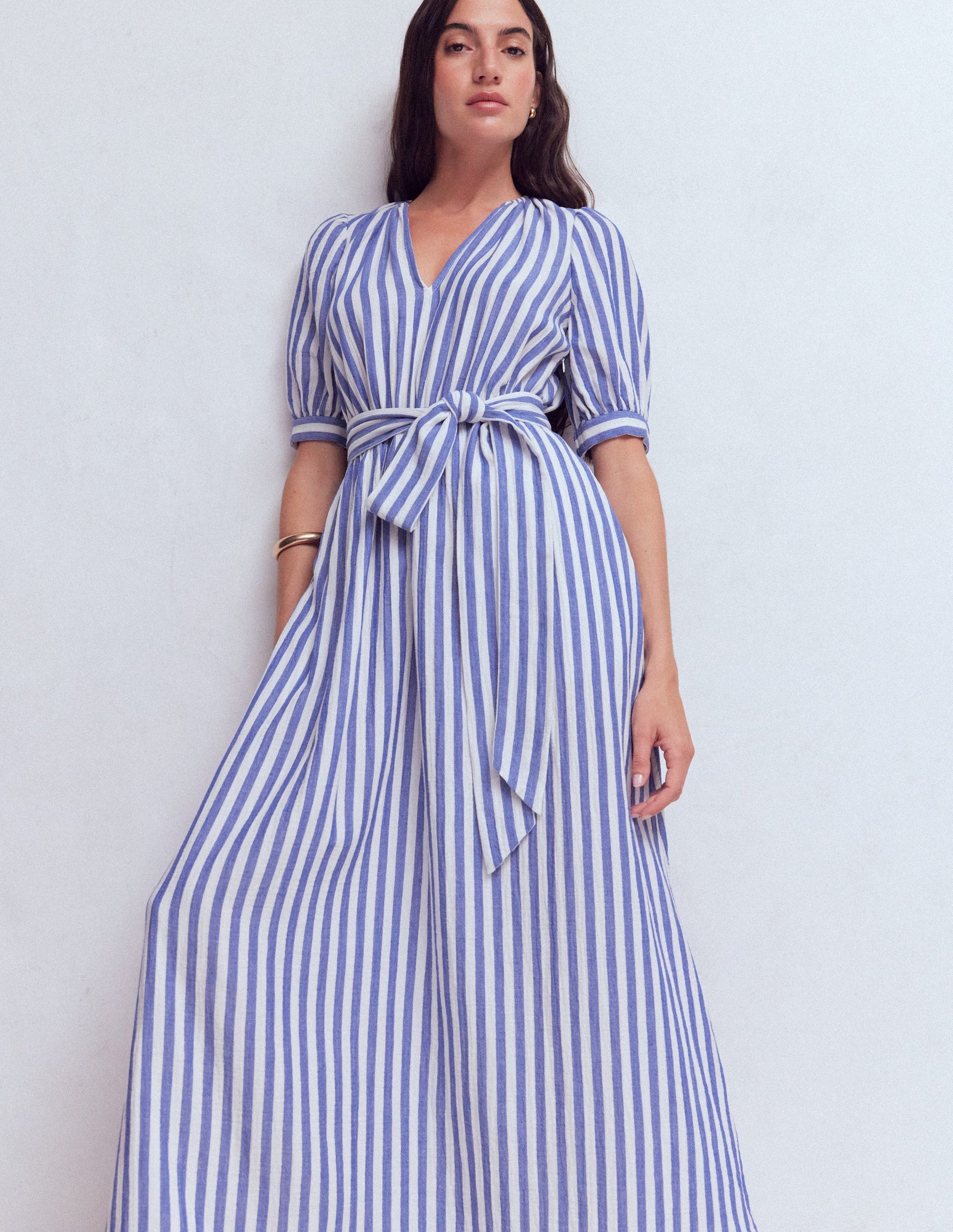 Doppeltuch-Kleid mit Puffärmeln-Blau Naturweiß Streifen-1