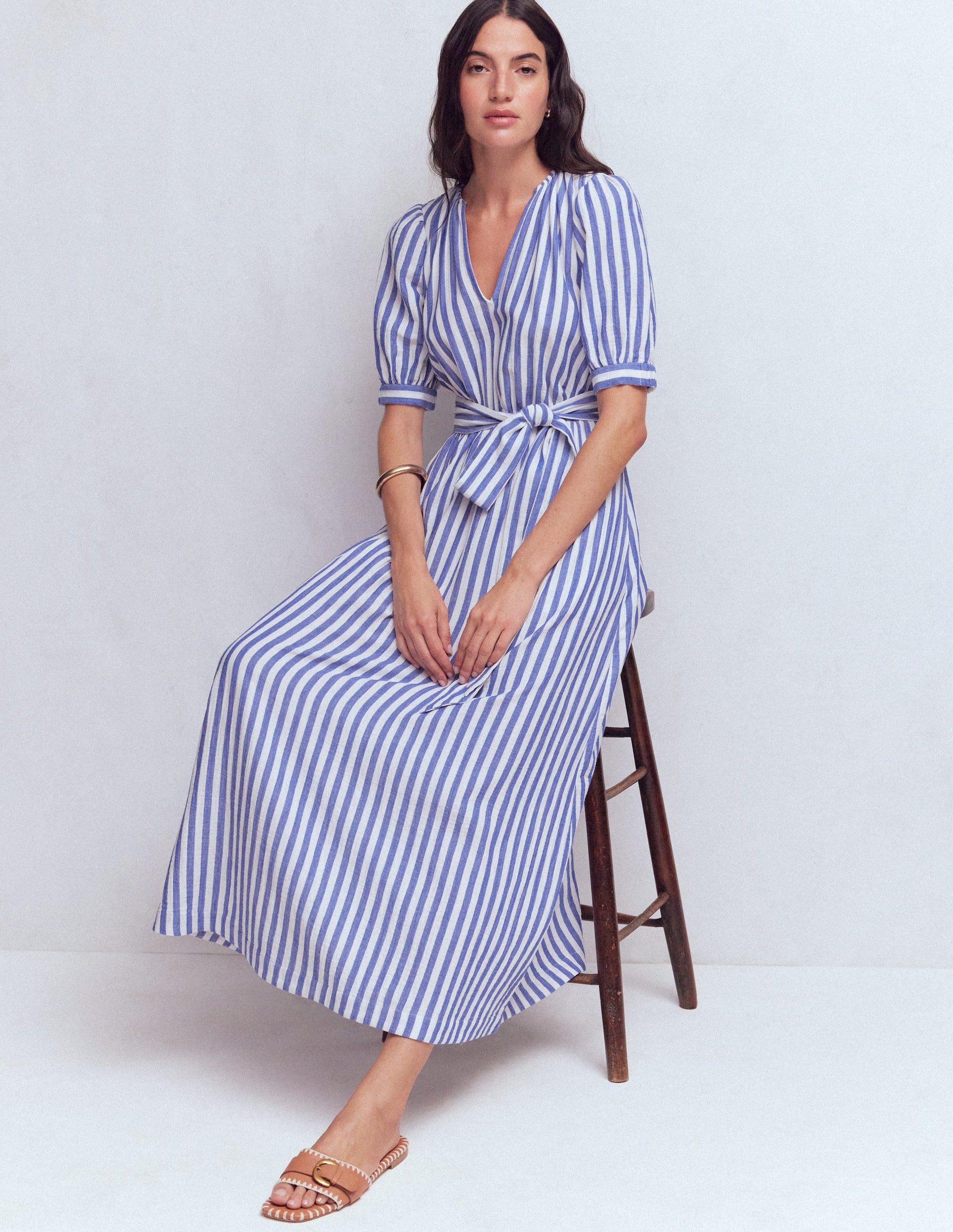 Doppeltuch-Kleid mit Puffärmeln-Blau Naturweiß Streifen-2