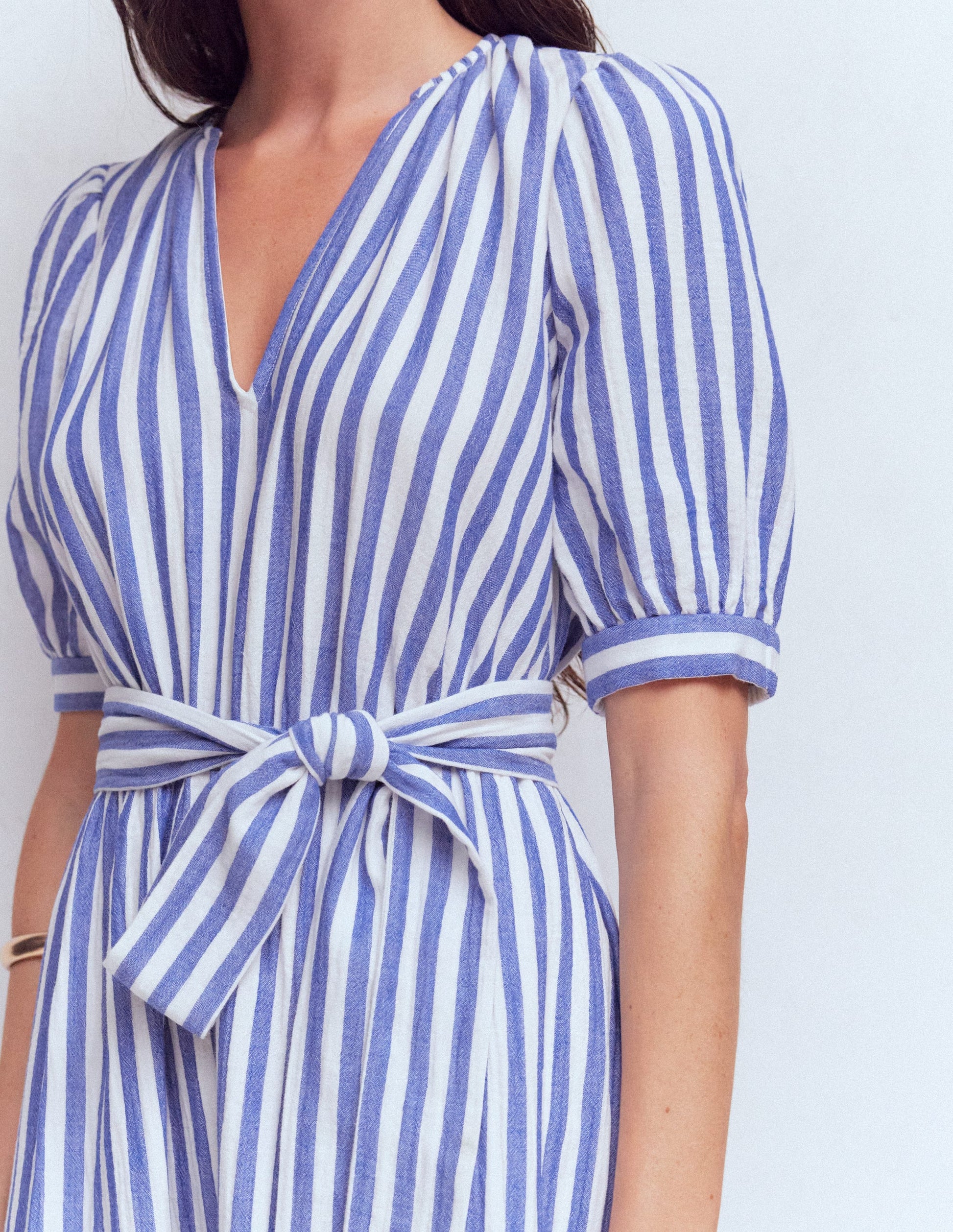 Doppeltuch-Kleid mit Puffärmeln-Blau Naturweiß Streifen-3